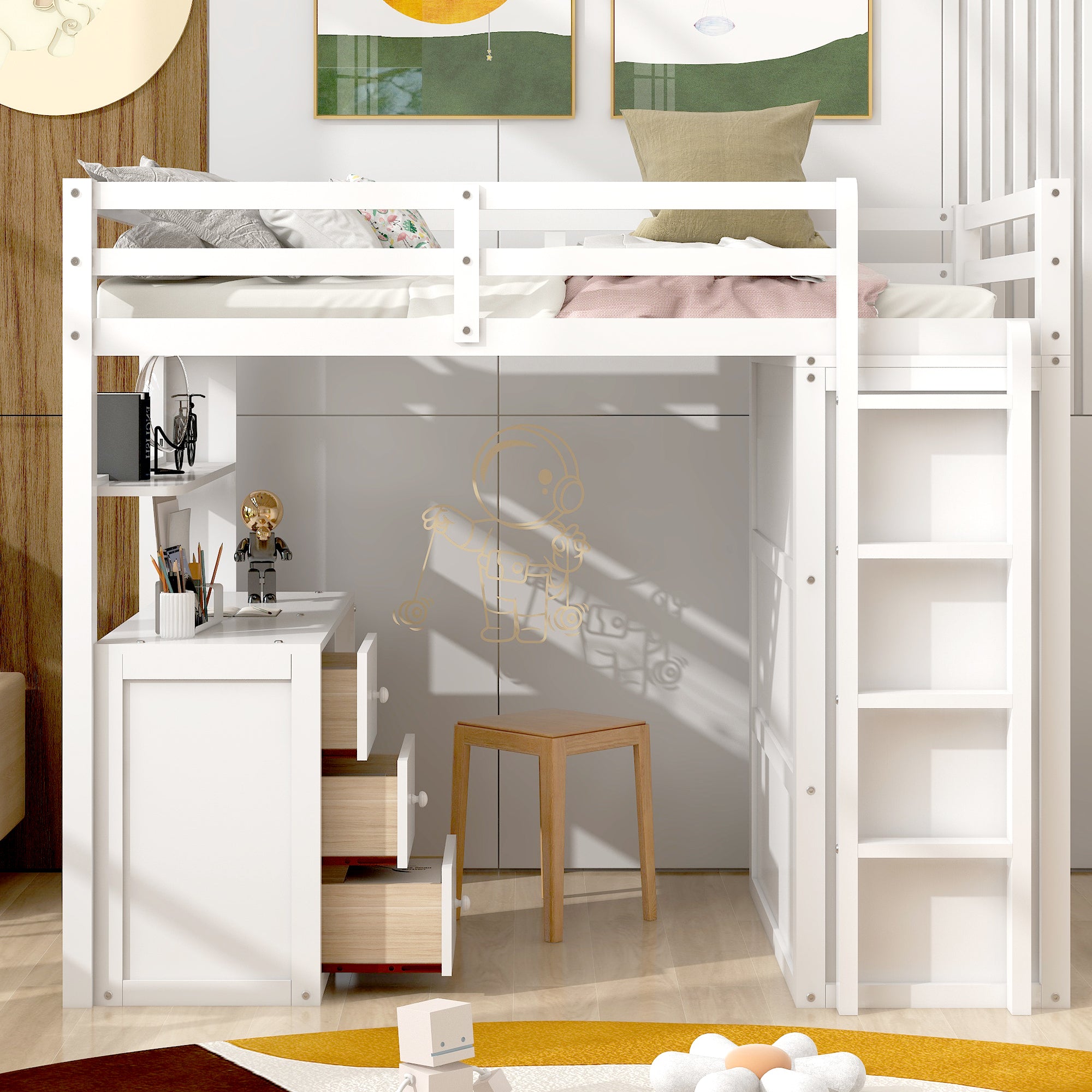 Twin size Loft Bed with Drawers,Desk,and Wardrobe-White