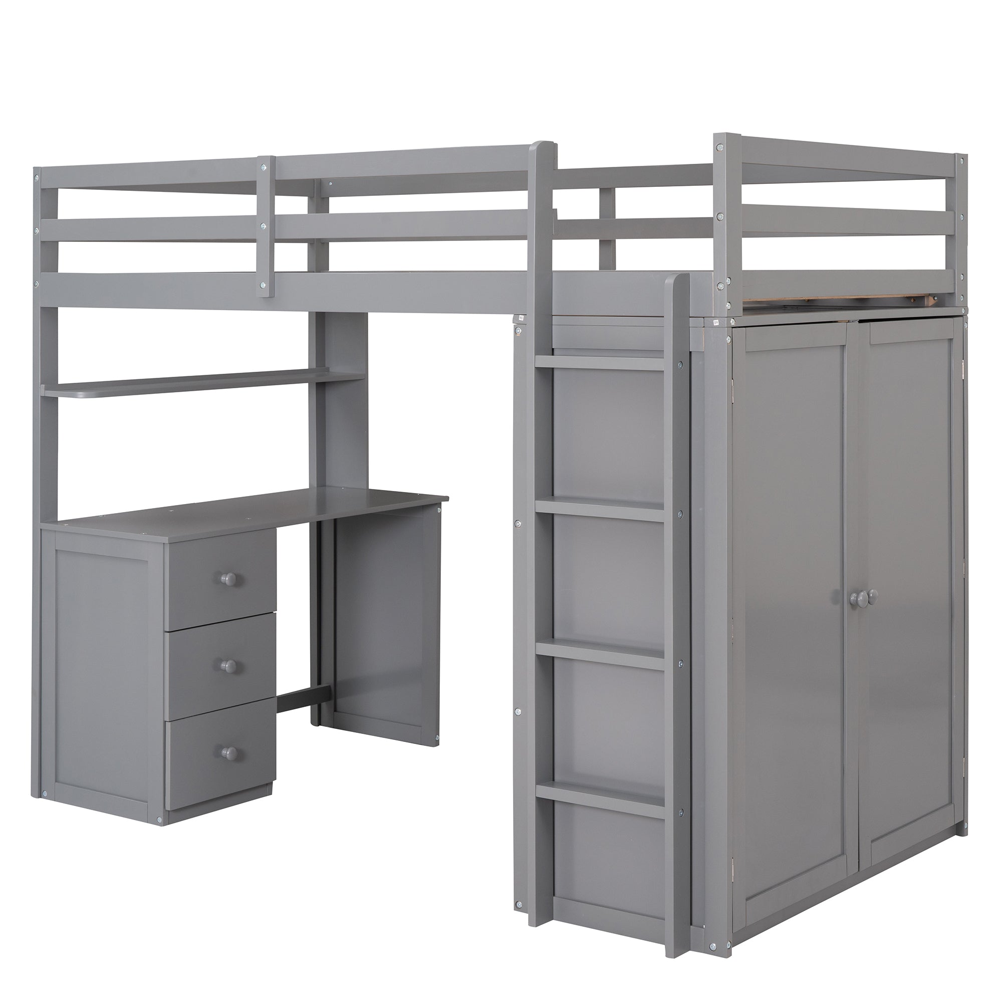 Twin size Loft Bed with Drawers,Desk,and Wardrobe-Gray