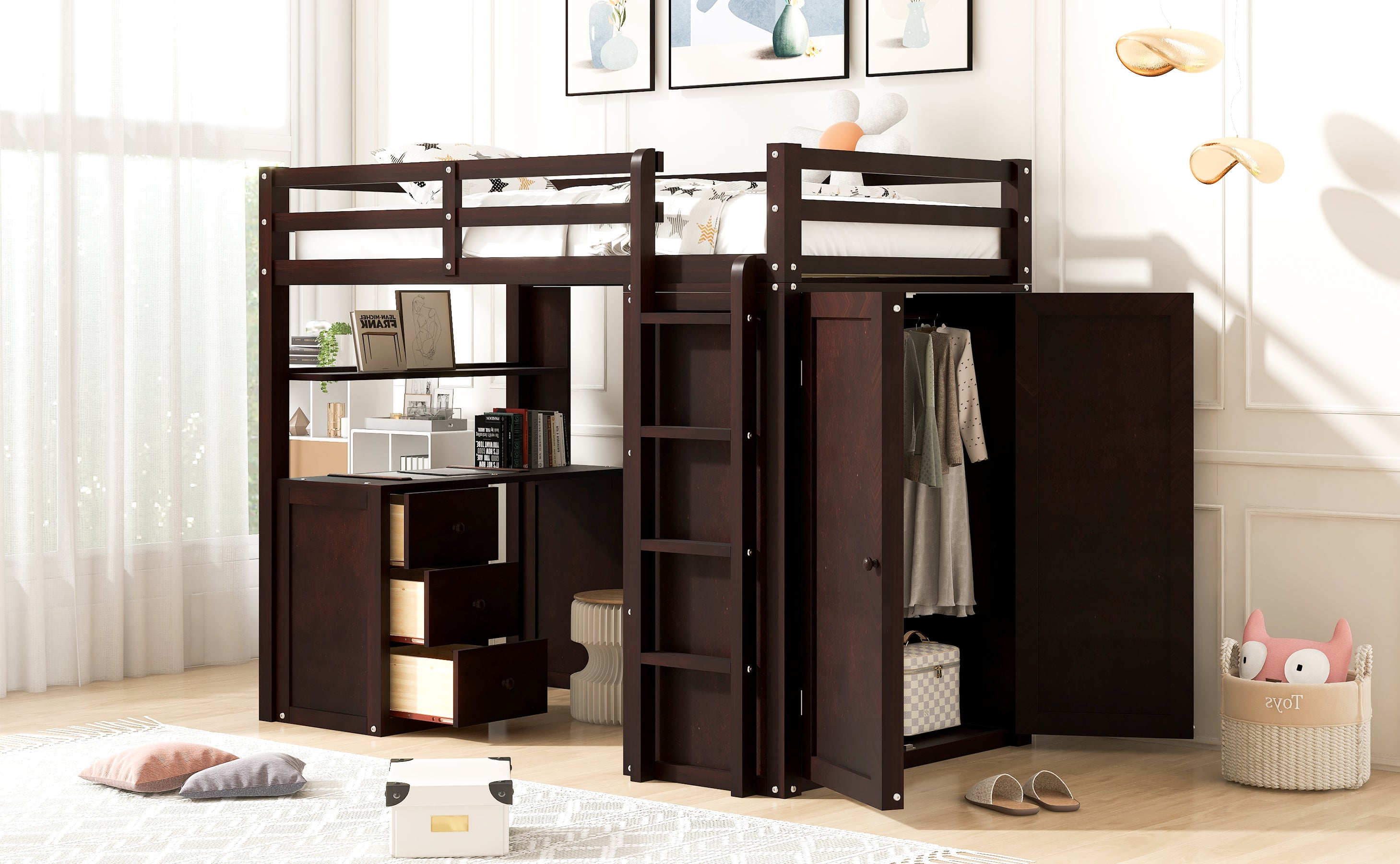 Twin size Loft Bed with Drawers,Desk,and Wardrobe-Espresso