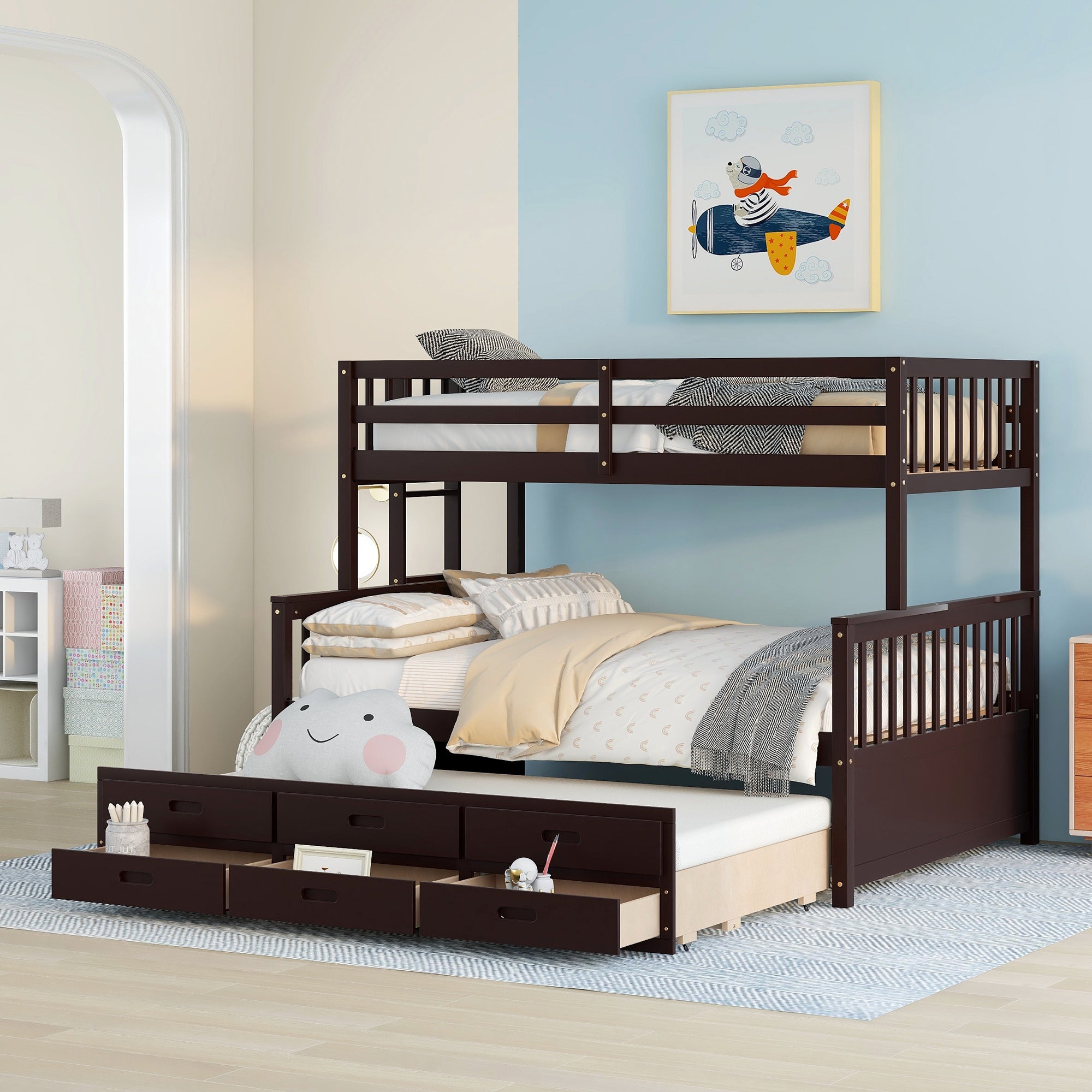 Twin-Over-Full Bunk Bed with Twin size Trundle , Separable Bunk Bed with Drawers for Bedroom - Espresso