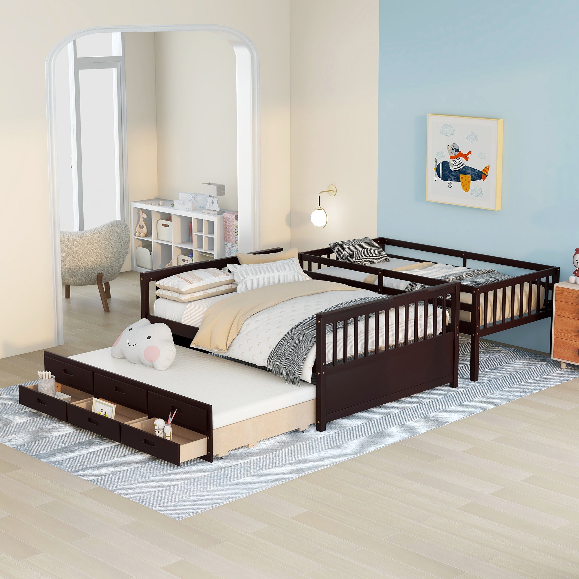 Twin-Over-Full Bunk Bed with Twin size Trundle , Separable Bunk Bed with Drawers for Bedroom - Espresso