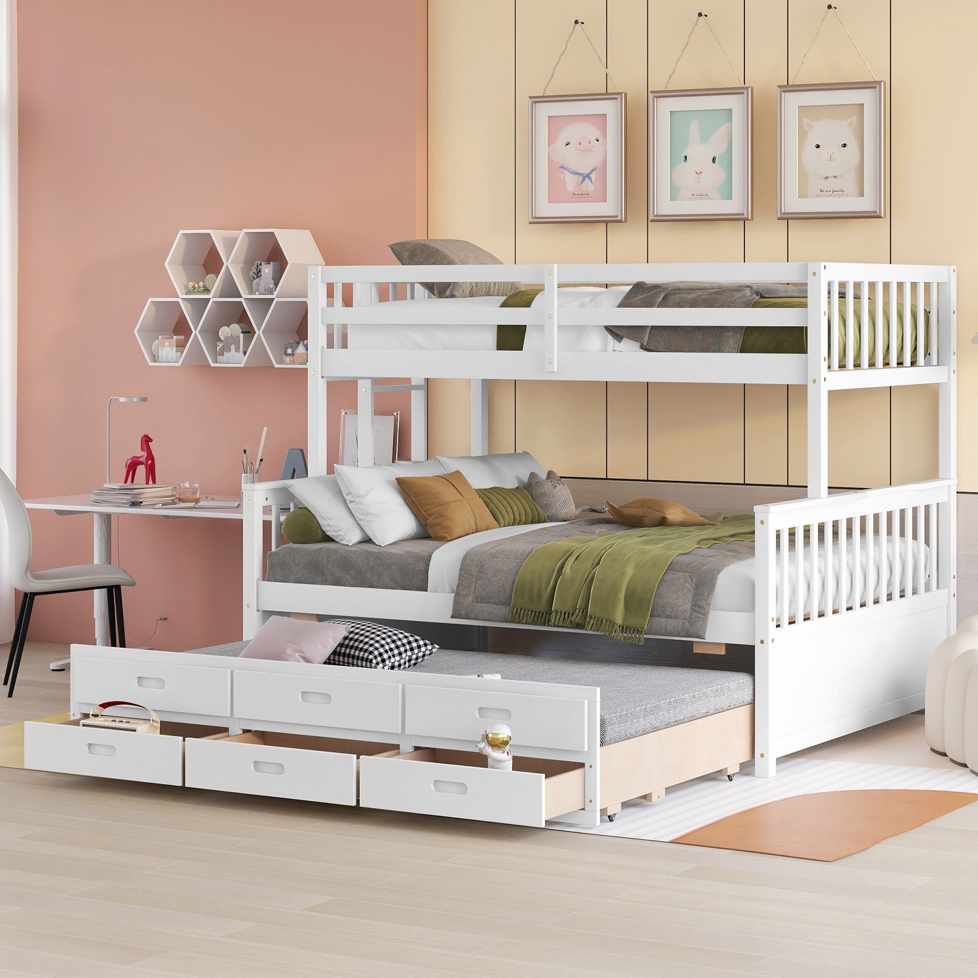 Twin-Over-Full Bunk Bed with Twin size Trundle , Separable Bunk Bed with Drawers for Bedroom - White