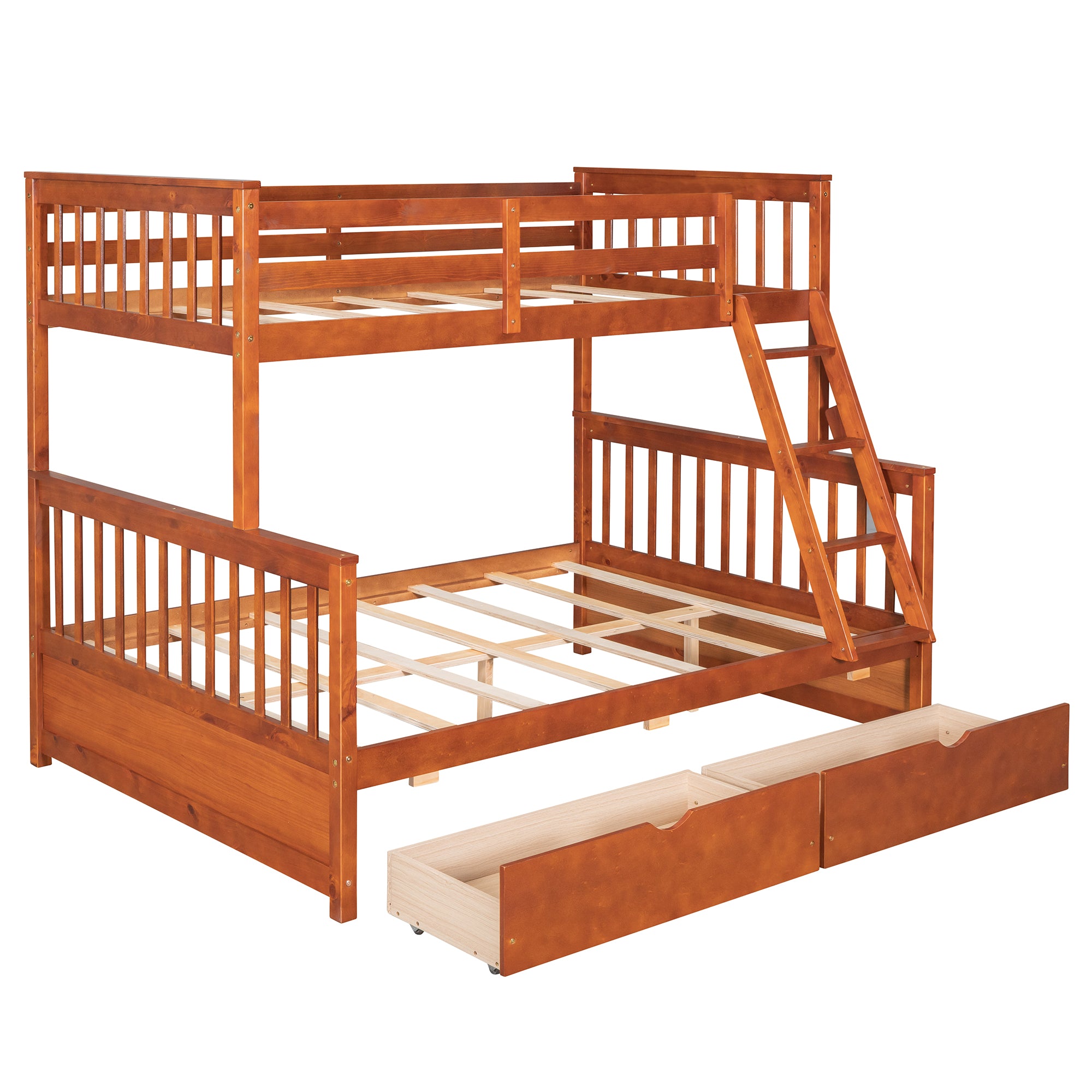 Twin-Over-Full Bunk Bed with Ladders and Two Storage Drawers (Walnut)