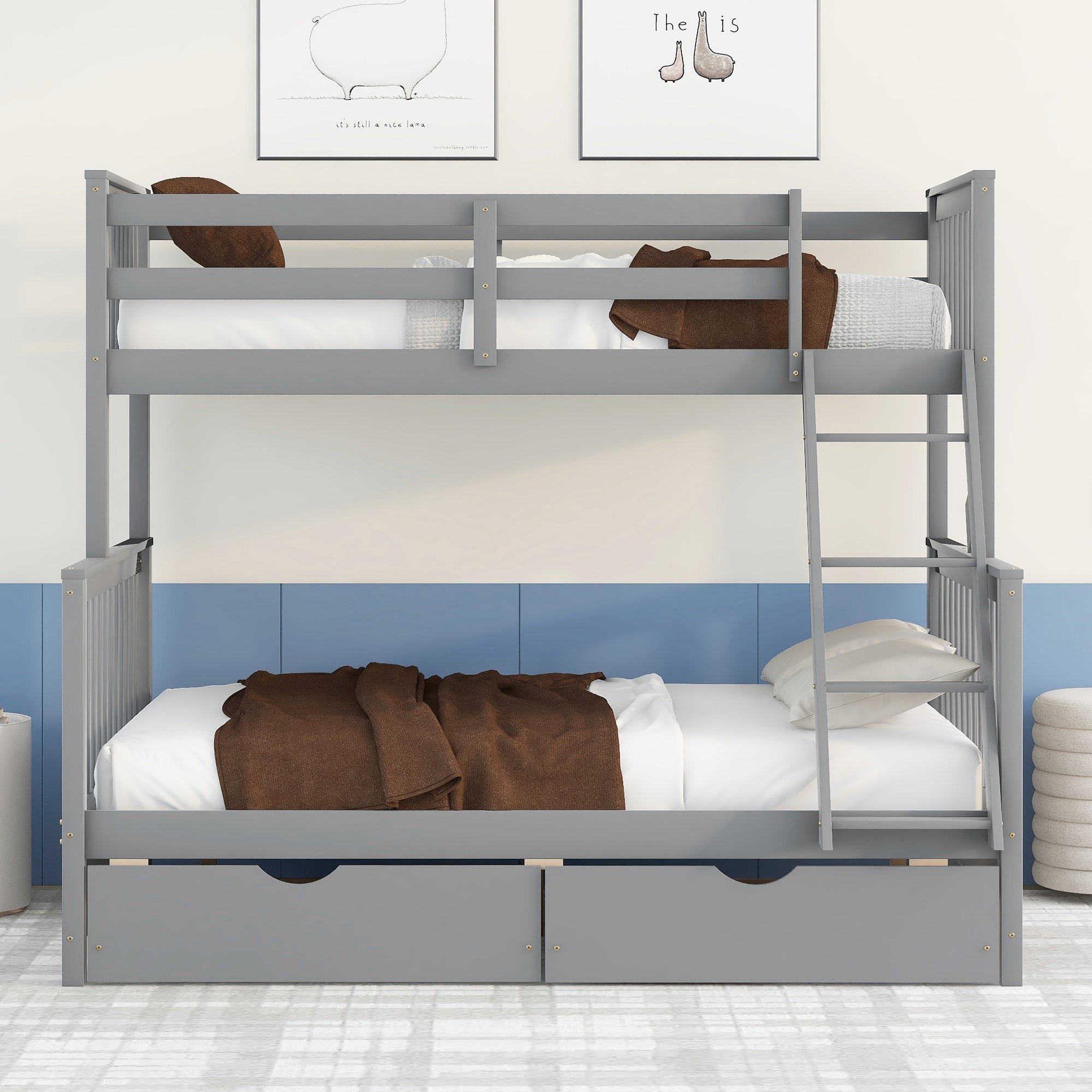 Twin-Over-Full Bunk Bed with Ladders and Two Storage Drawers(Gray)