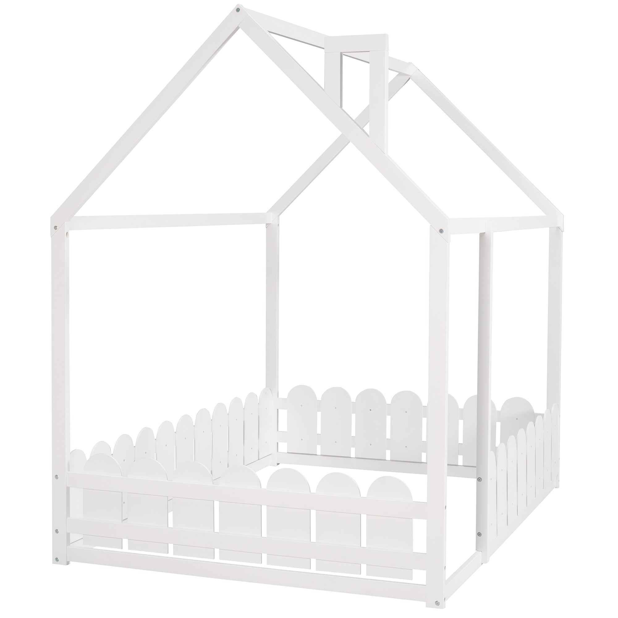 (Slats are not included) Full Size Wood Bed House Bed Frame with Fence,for Kids,Teens,Girls,Boys (White )