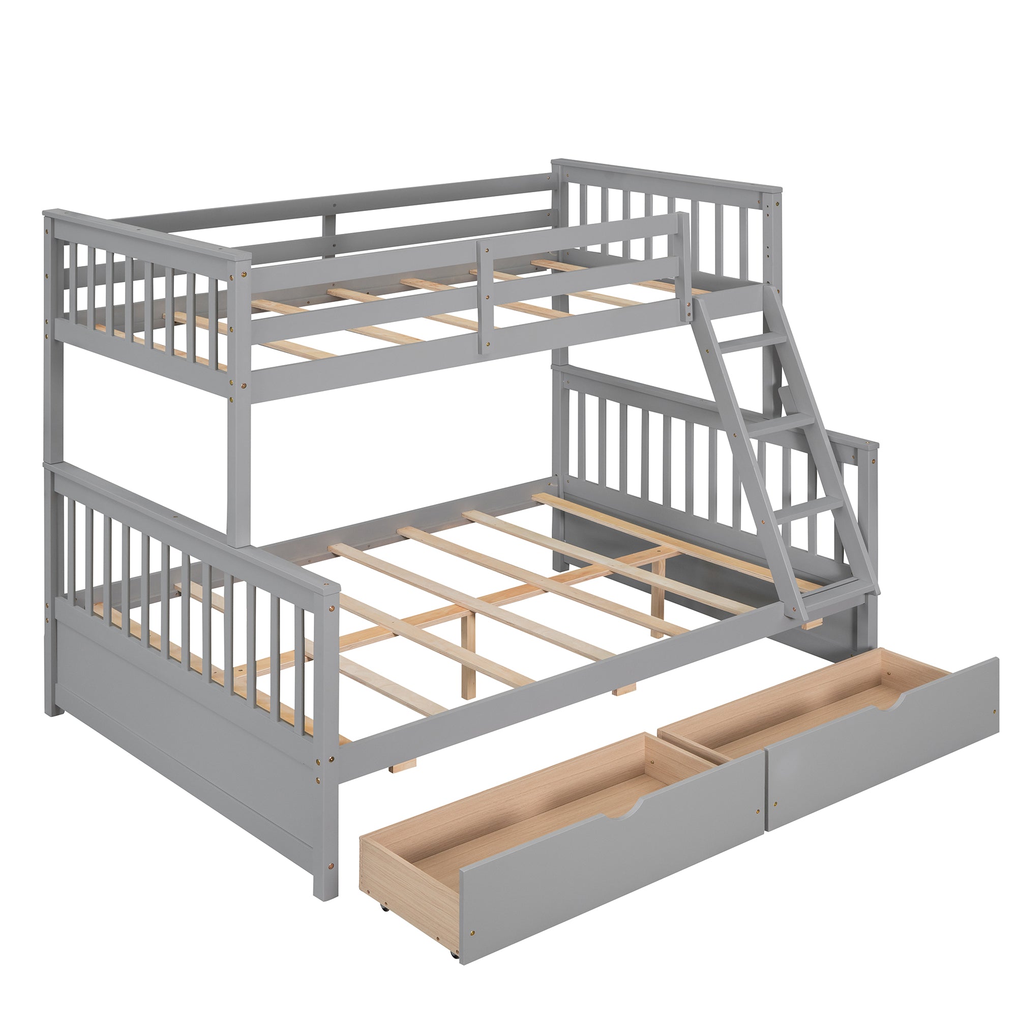 Twin-Over-Full Bunk Bed with Ladders and Two Storage Drawers(Gray)