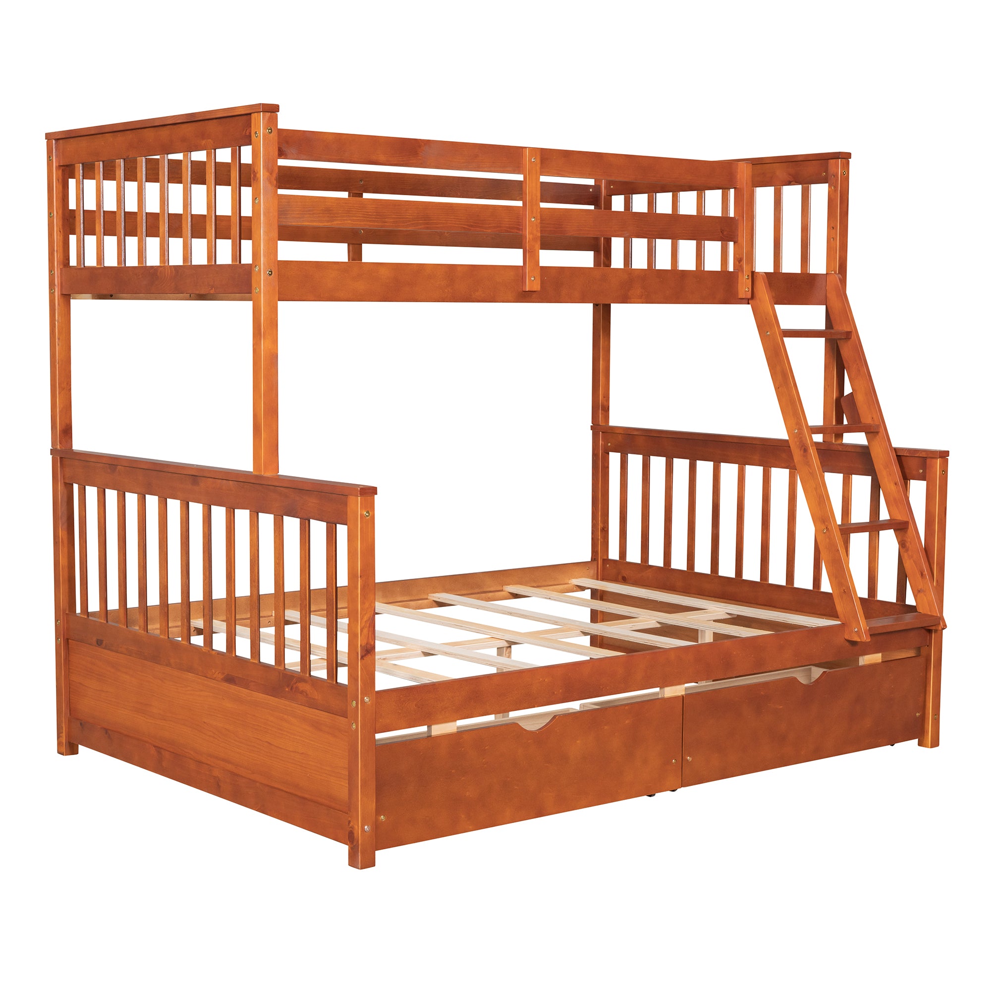 Twin-Over-Full Bunk Bed with Ladders and Two Storage Drawers (Walnut)