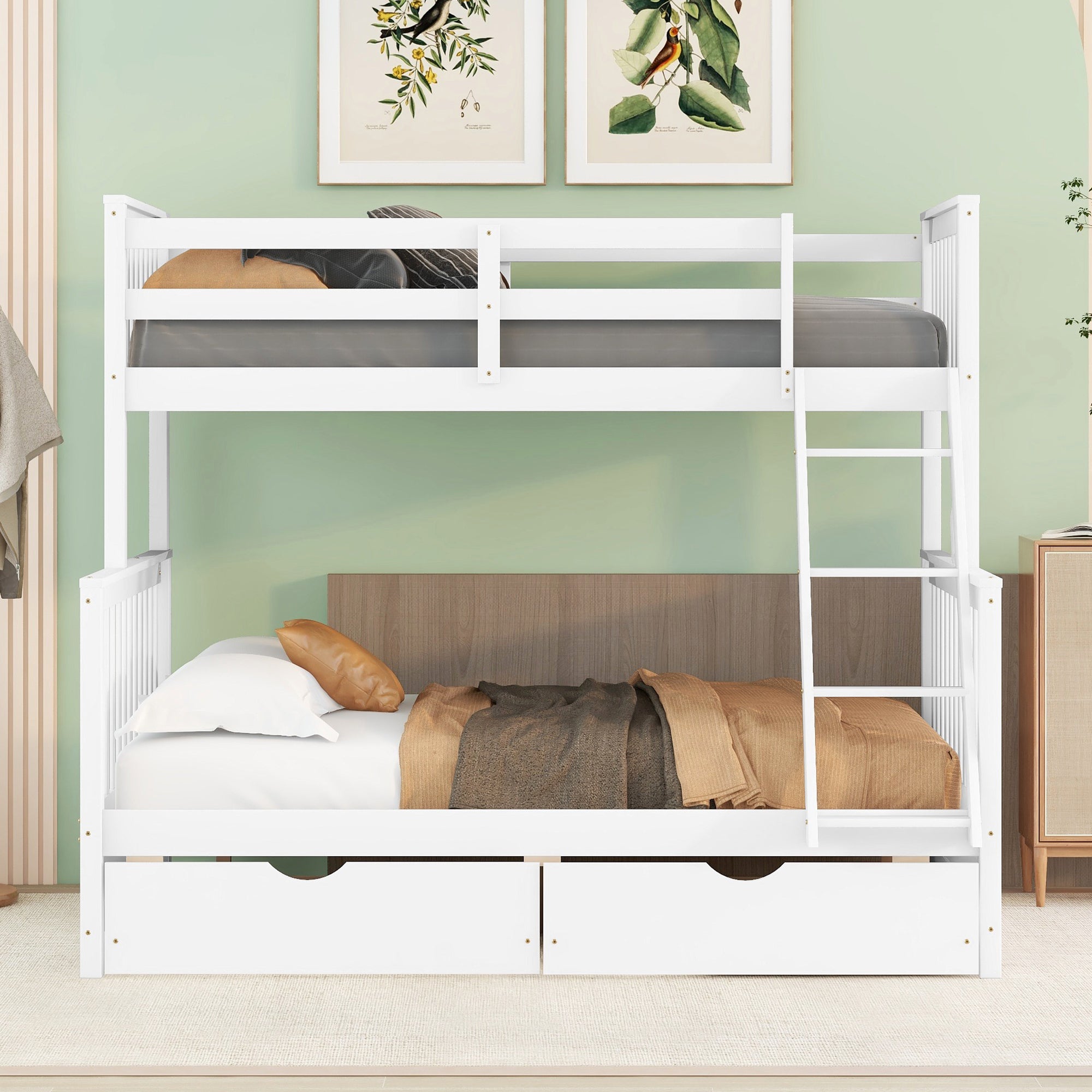 Twin-Over-Full Bunk Bed with Ladders and Two Storage Drawers (White)