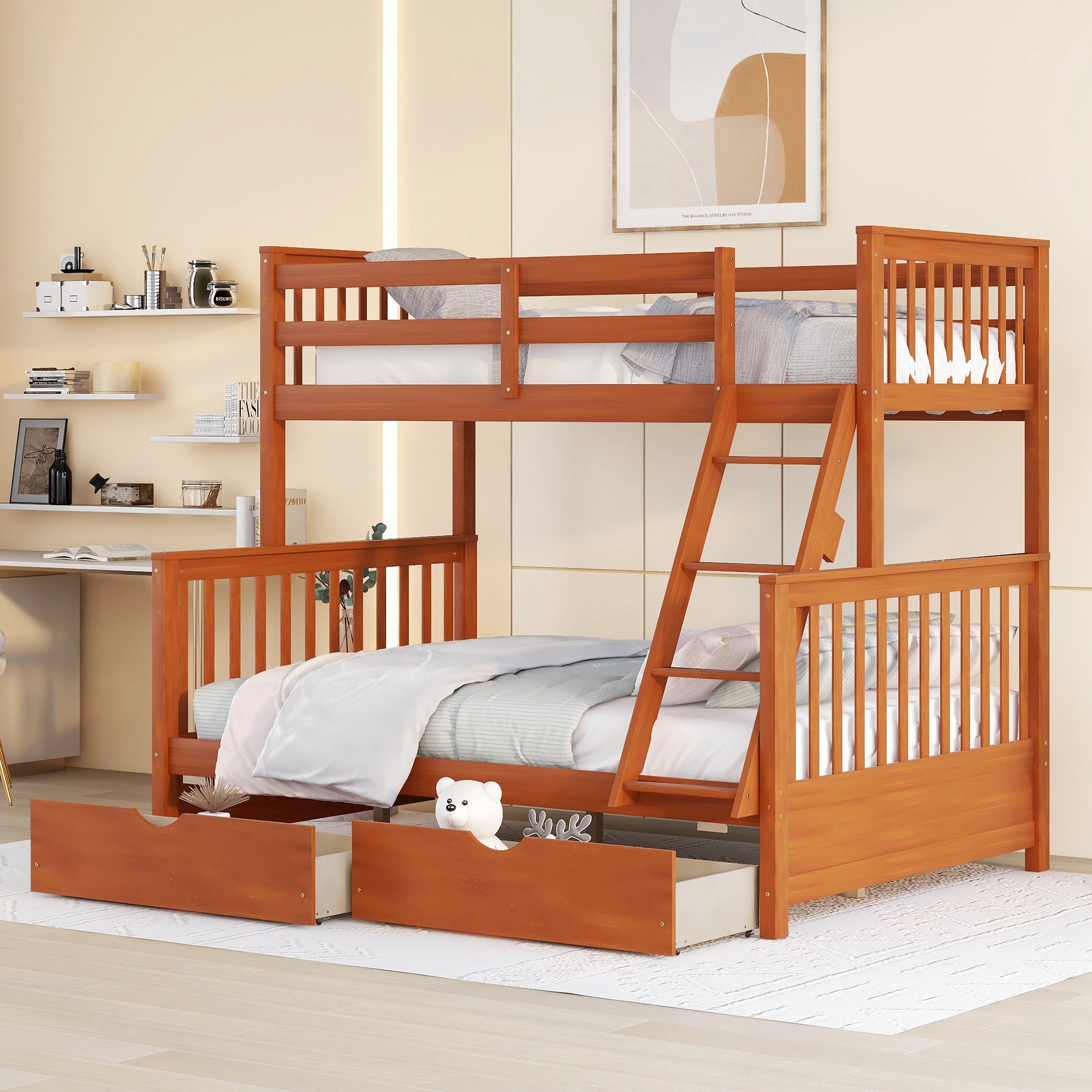 Twin-Over-Full Bunk Bed with Ladders and Two Storage Drawers (Walnut)