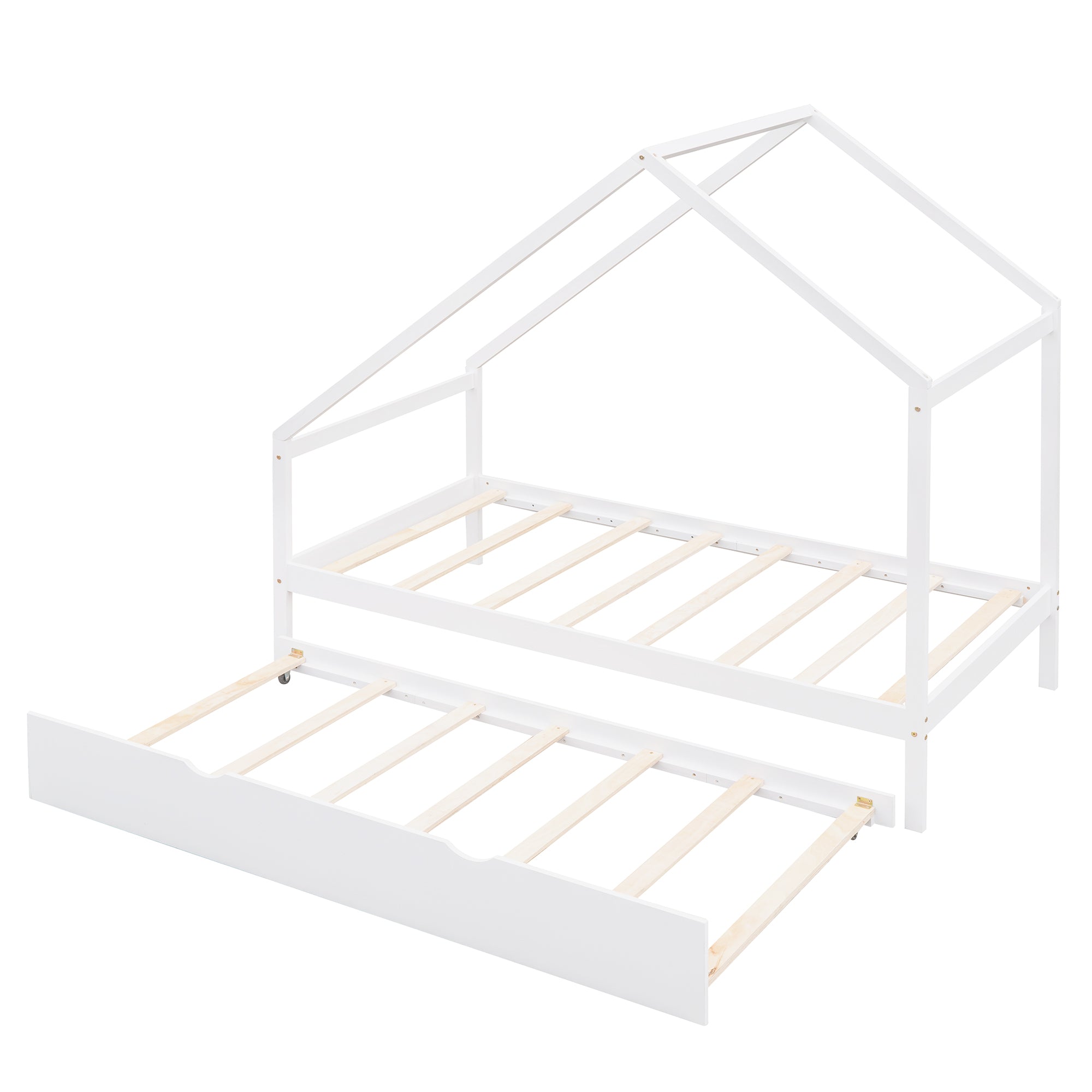 Twin Size Wooden House Bed With Twin Size Trundle, White