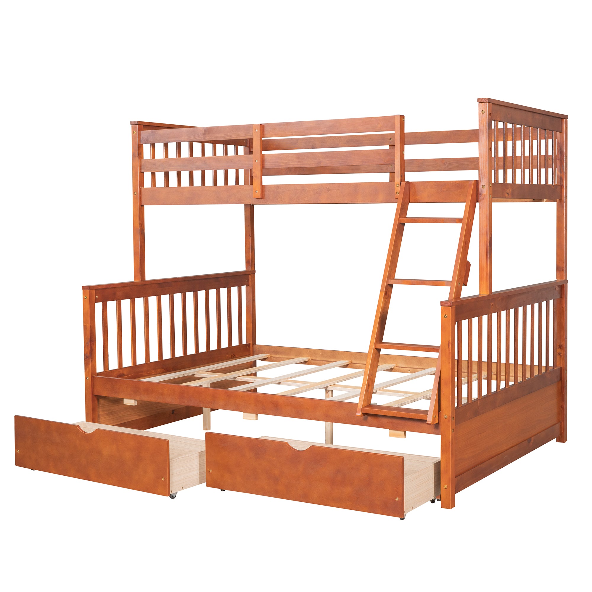 Twin-Over-Full Bunk Bed with Ladders and Two Storage Drawers (Walnut)