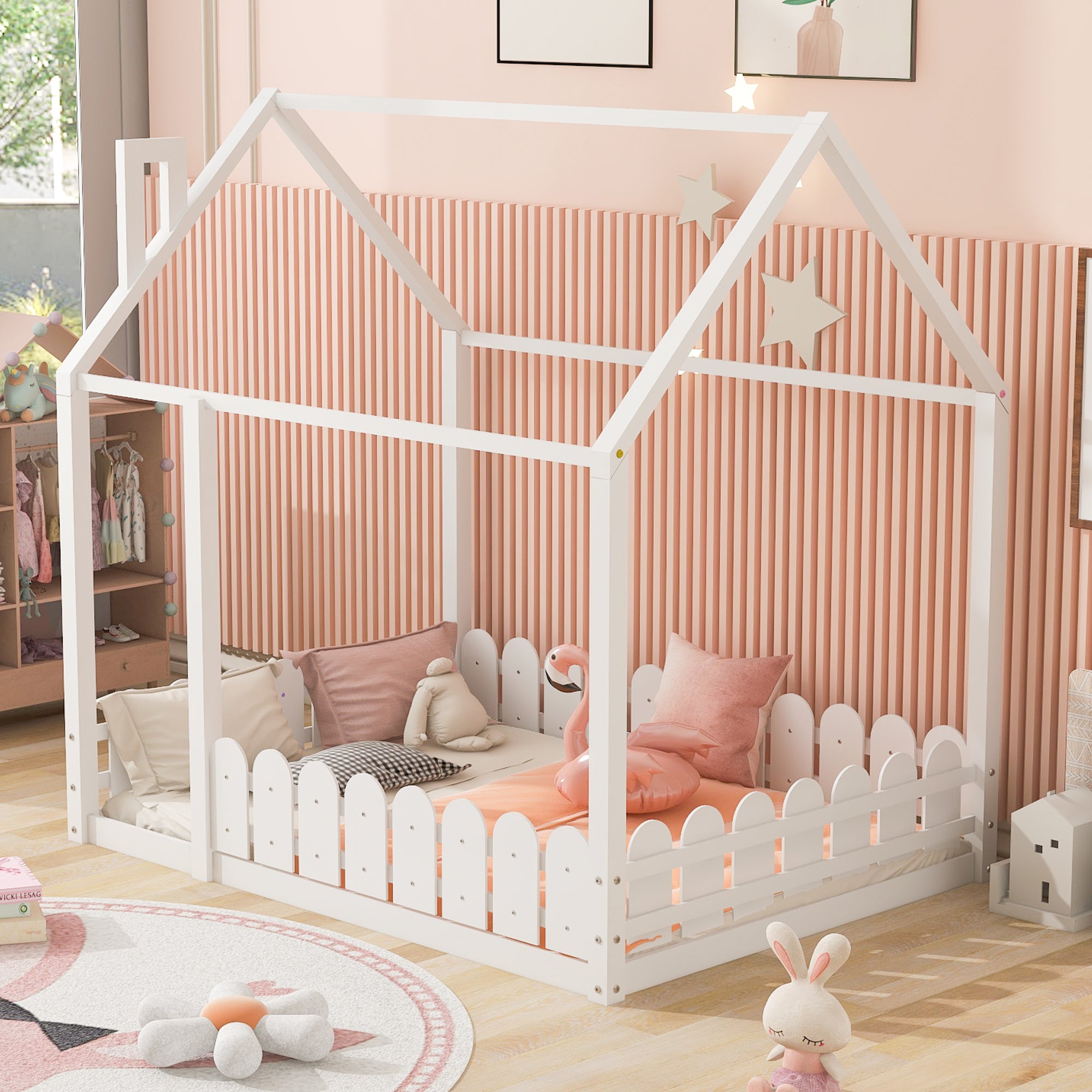 (Slats are not included) Full Size Wood Bed House Bed Frame with Fence,for Kids,Teens,Girls,Boys (White )