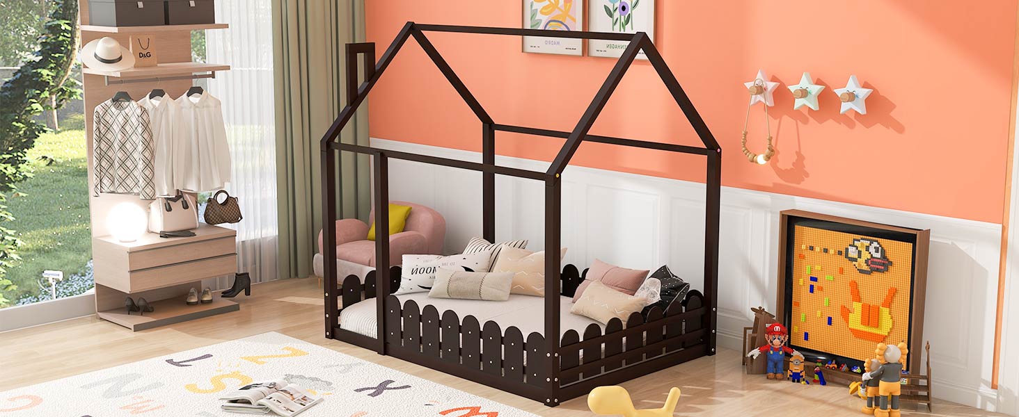 (Slats are not included)Full Size Wood Bed House Bed Frame with Fence,for Kids,Teens,Girls,Boys (Espresso )