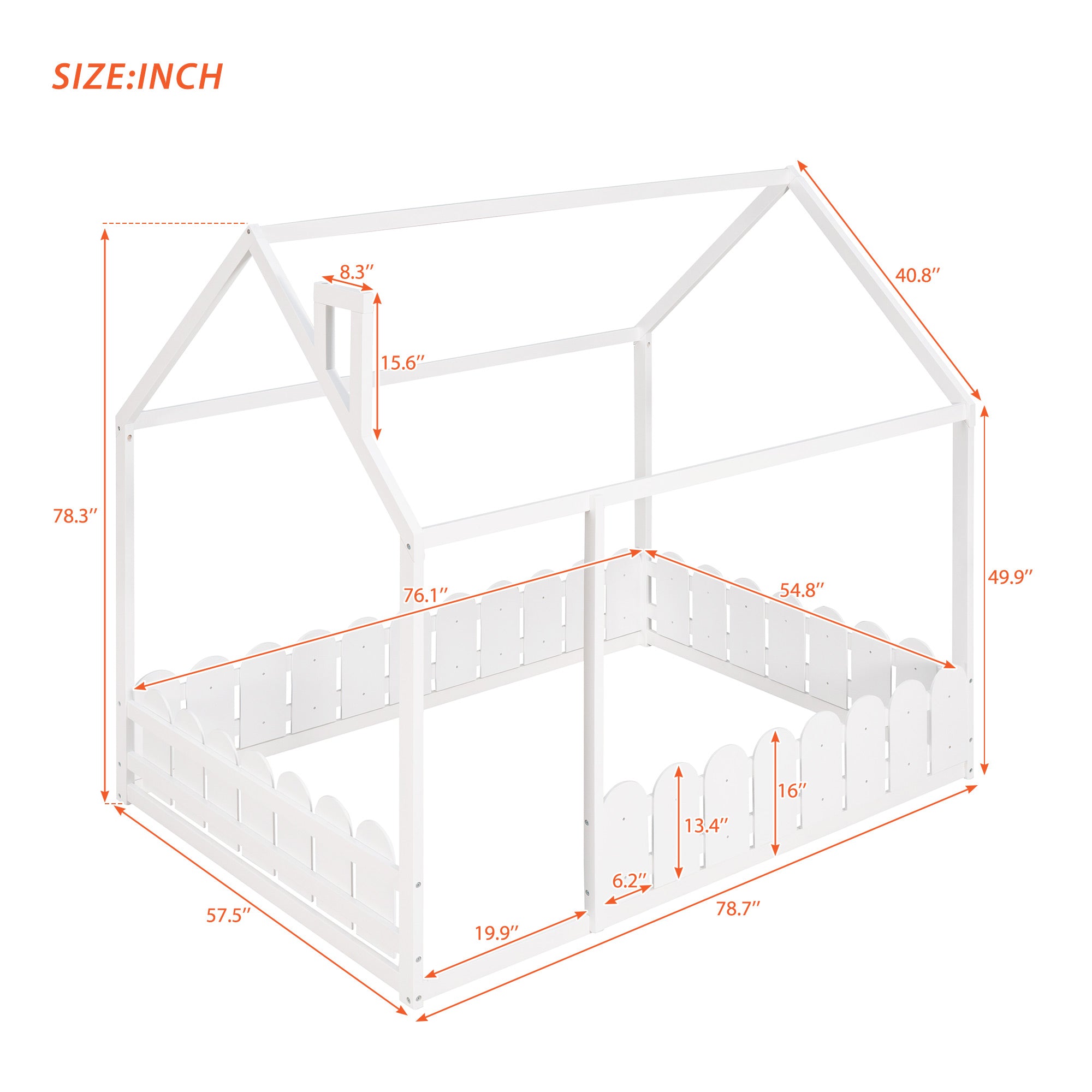 (Slats are not included) Full Size Wood Bed House Bed Frame with Fence,for Kids,Teens,Girls,Boys (White )