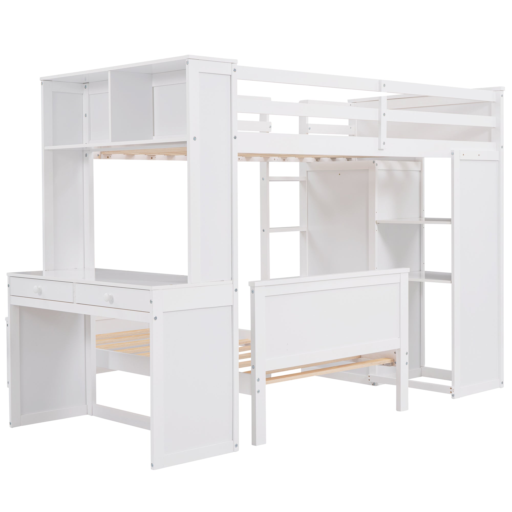 Twin size Loft Bed with a Stand-alone bed, Shelves,Desk,and Wardrobe-White