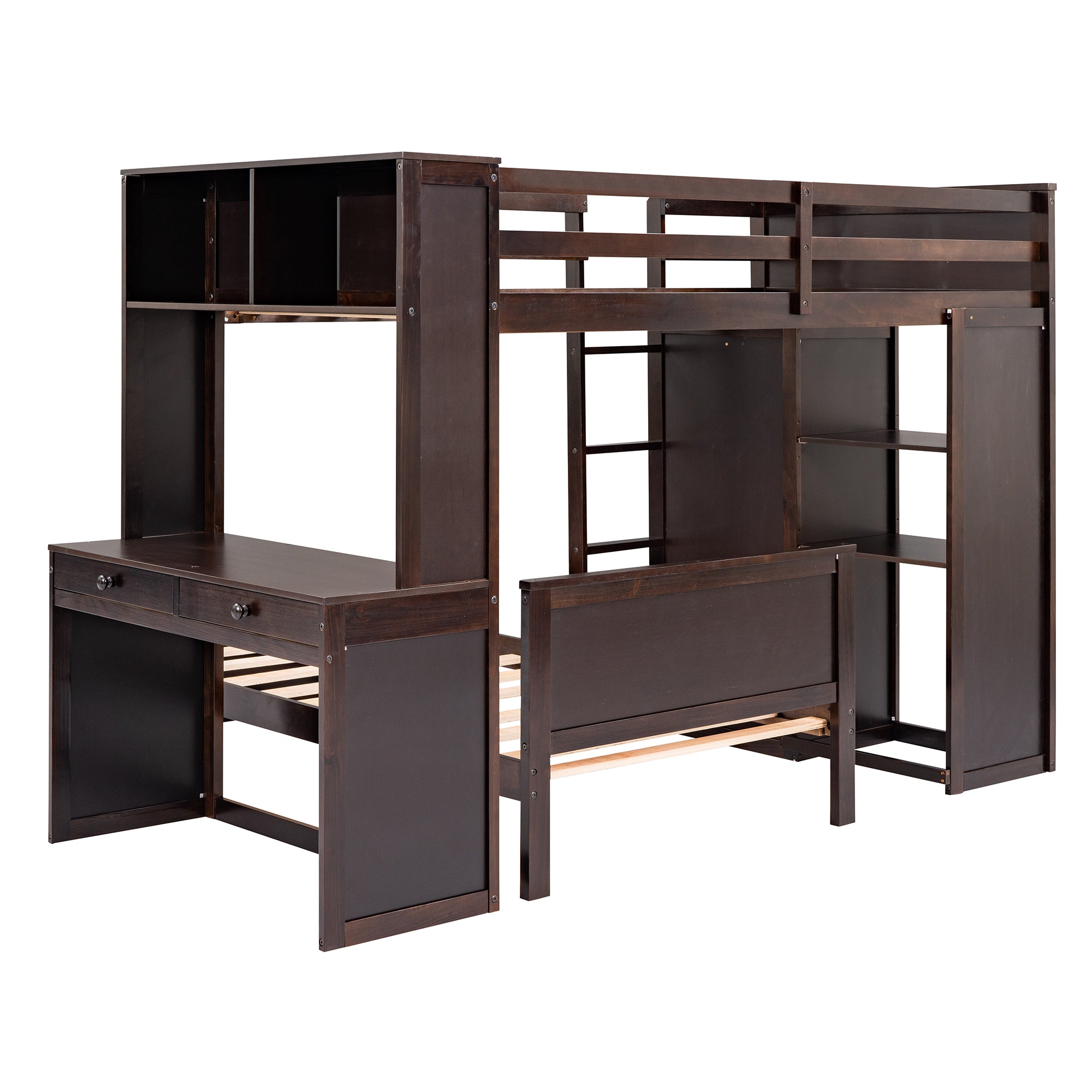 Twin size Loft Bed with a Stand-alone bed, Shelves,Desk,and Wardrobe-Espresso