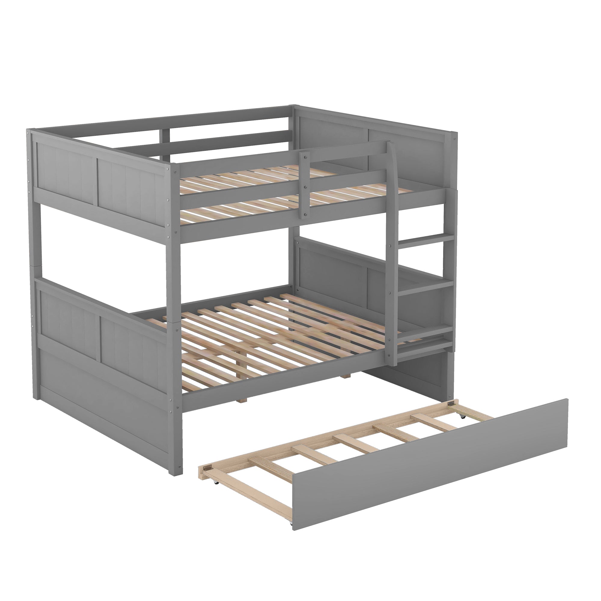 Full Over Full Bunk Bed with Twin Size Trundle, Gray