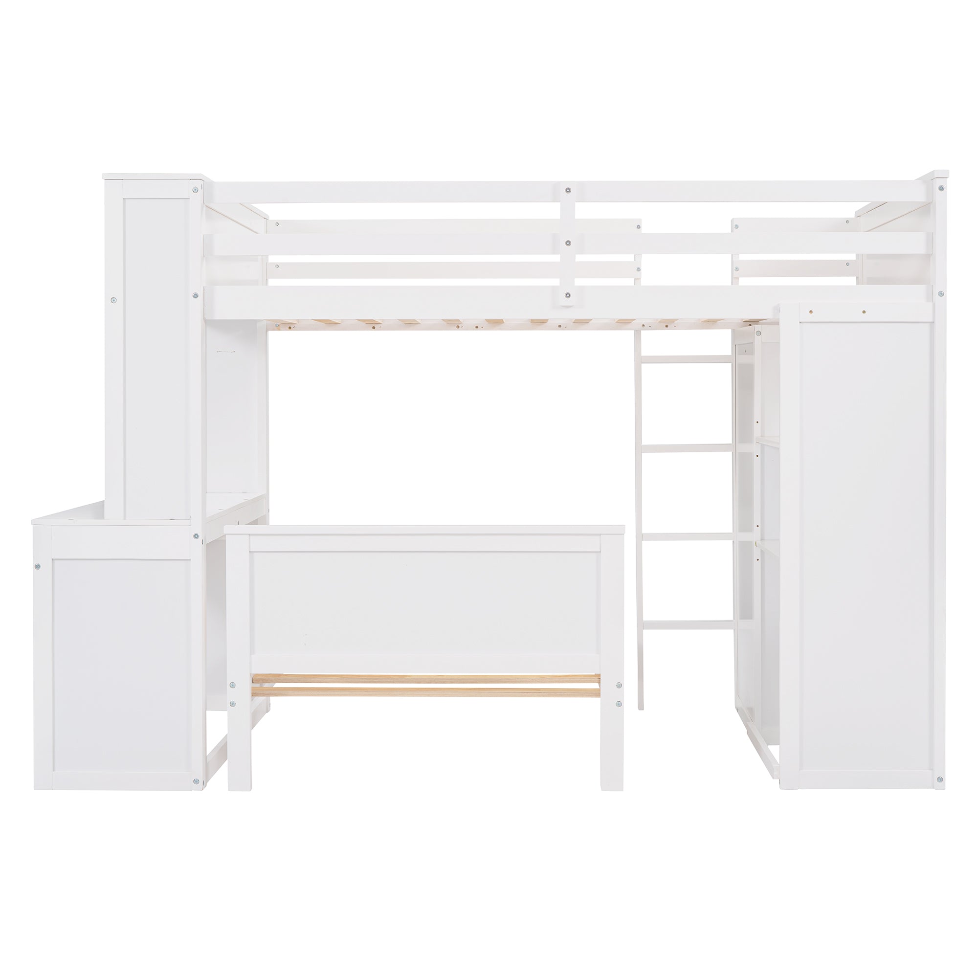 Twin size Loft Bed with a Stand-alone bed, Shelves,Desk,and Wardrobe-White