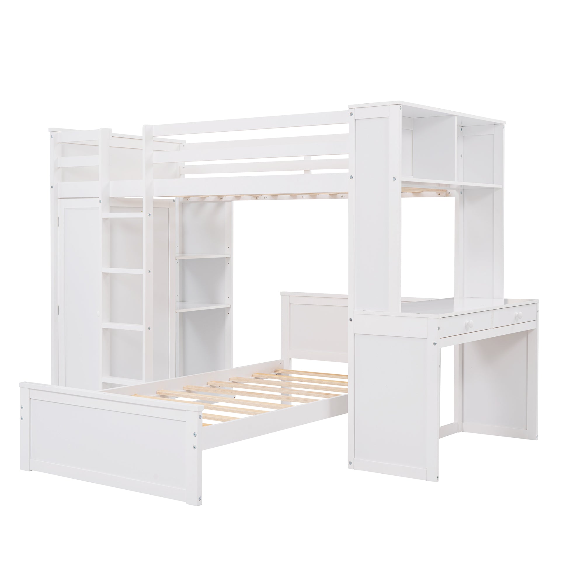 Twin size Loft Bed with a Stand-alone bed, Shelves,Desk,and Wardrobe-White