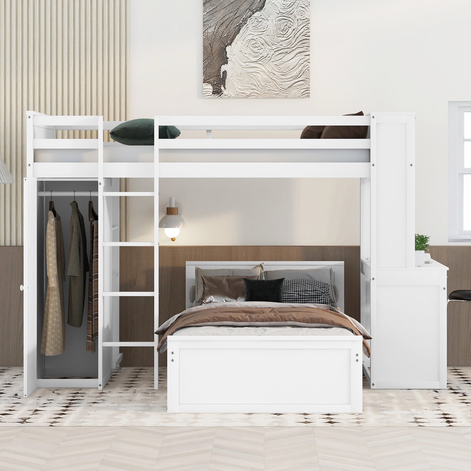 Twin size Loft Bed with a Stand-alone bed, Shelves,Desk,and Wardrobe-White