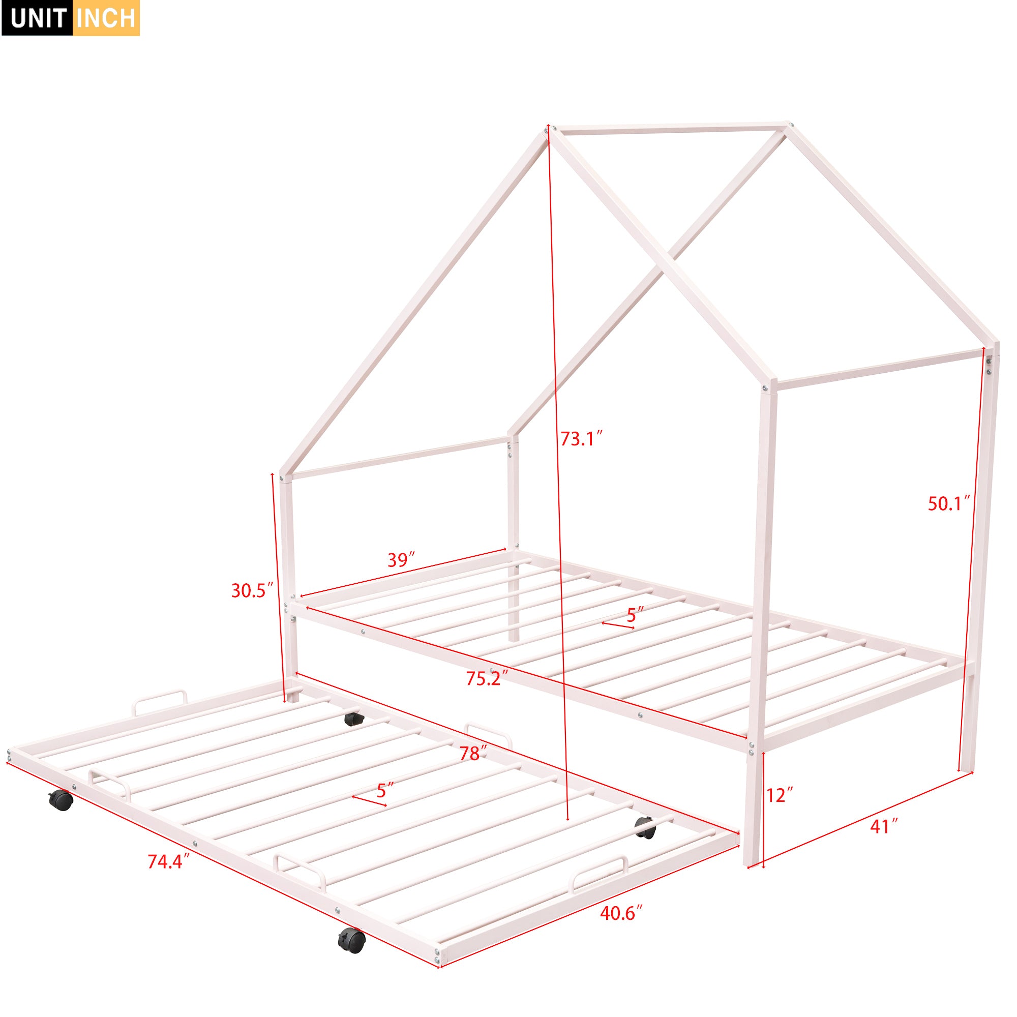 Metal House Bed With Trundle, Twin Size House Bed Pink