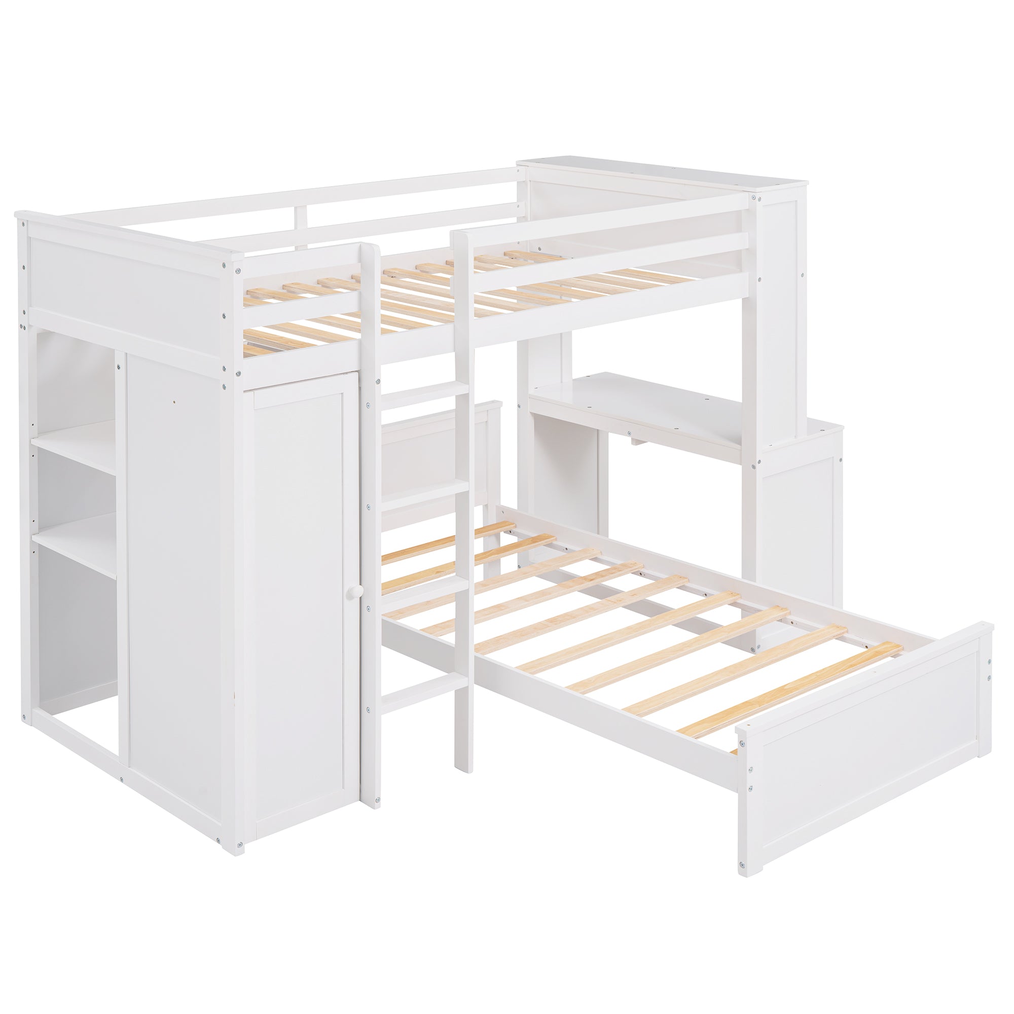 Twin size Loft Bed with a Stand-alone bed, Shelves,Desk,and Wardrobe-White