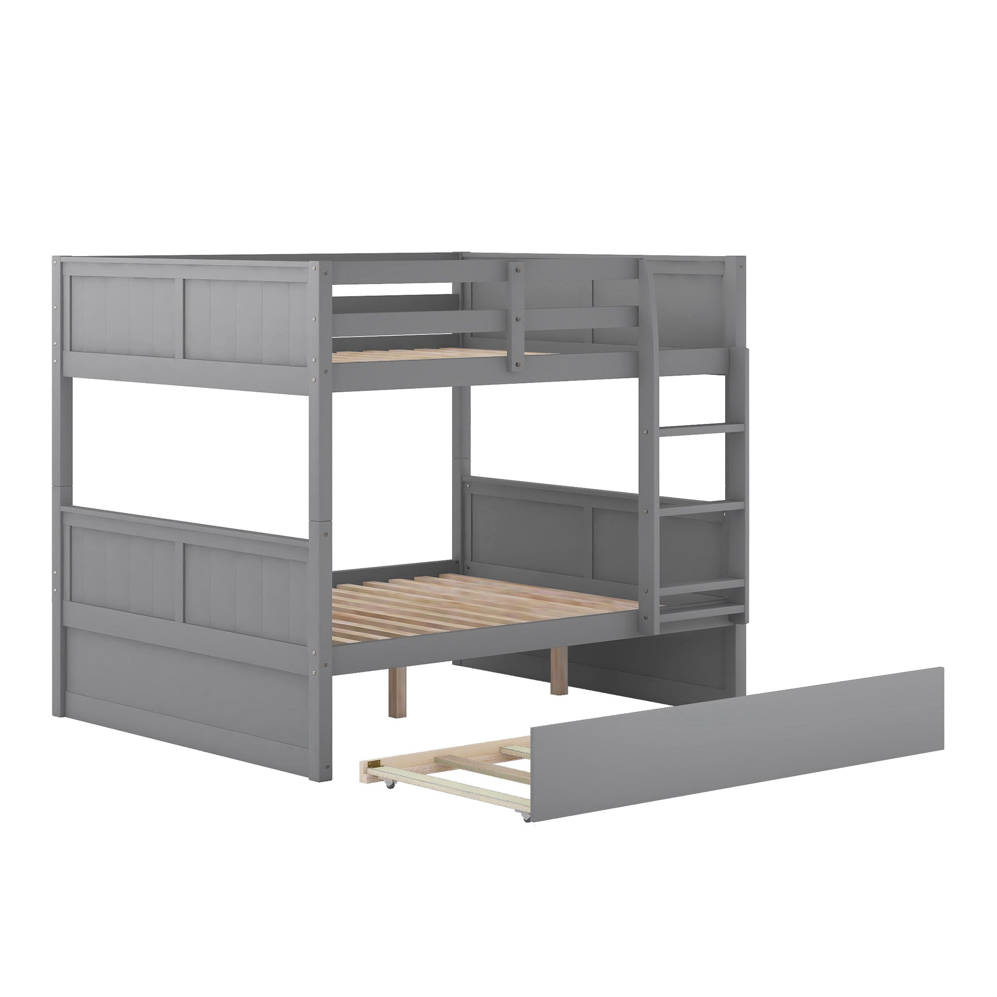 Full Over Full Bunk Bed with Twin Size Trundle, Gray