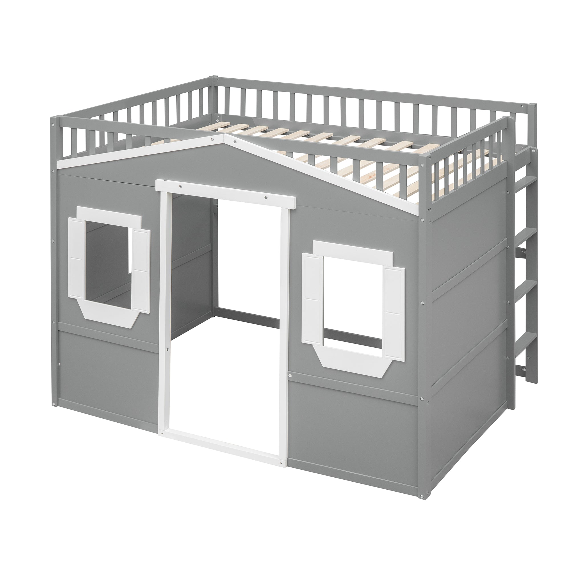 Full Size House Loft Bed With Ladder-Gray+White Frame