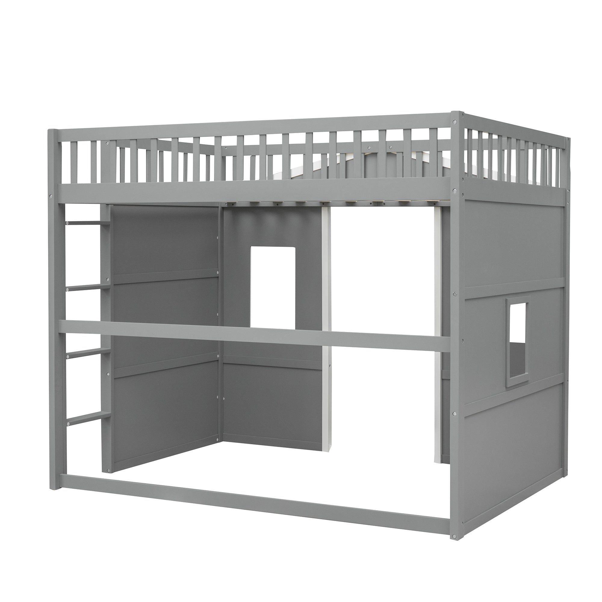 Full Size House Loft Bed With Ladder-Gray+White Frame