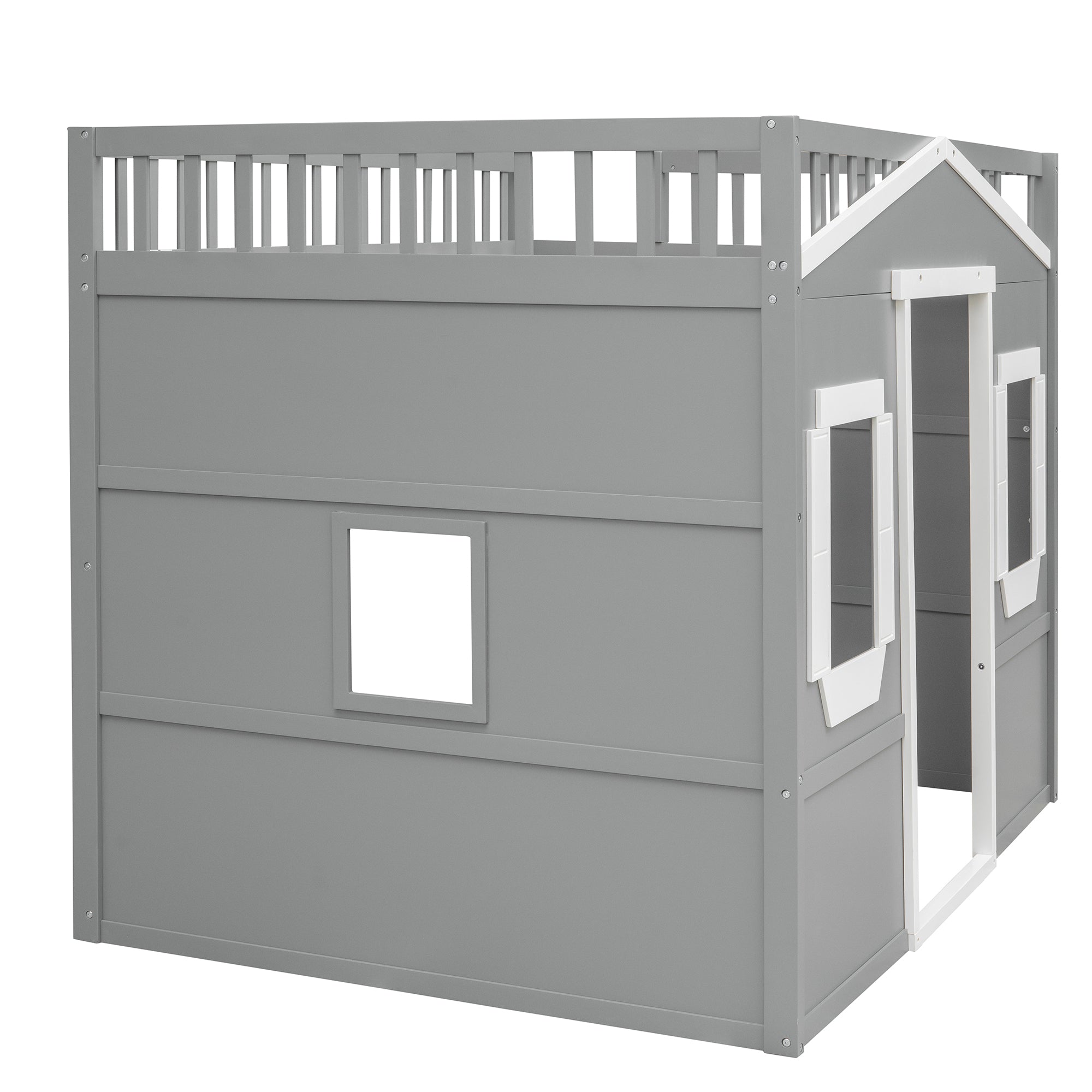 Full Size House Loft Bed With Ladder-Gray+White Frame