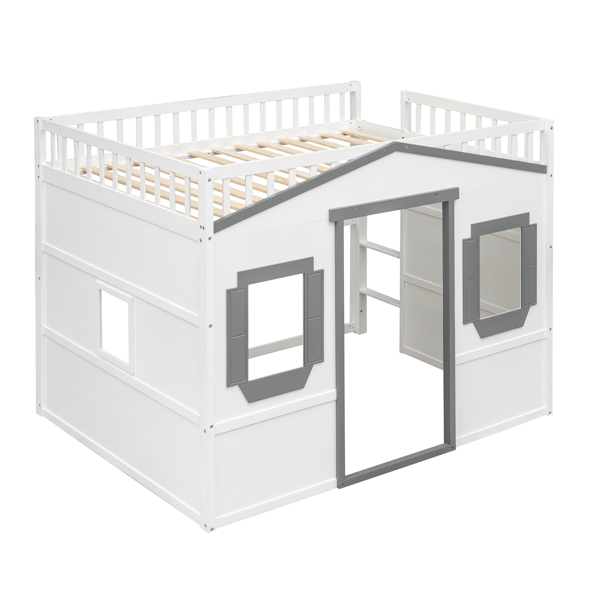 Full Size House Loft Bed With Ladder-White+Gray Frame