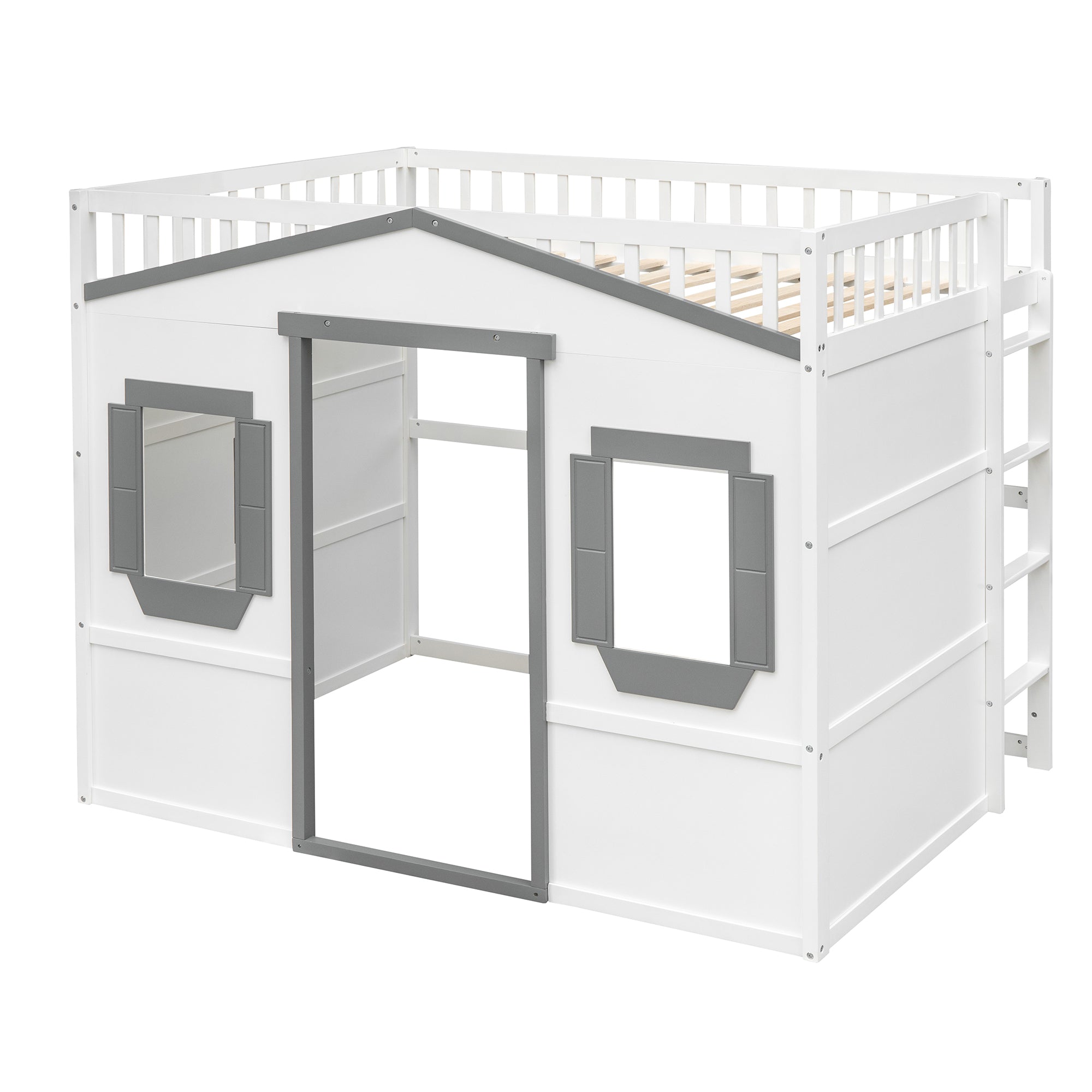 Full Size House Loft Bed With Ladder-White+Gray Frame