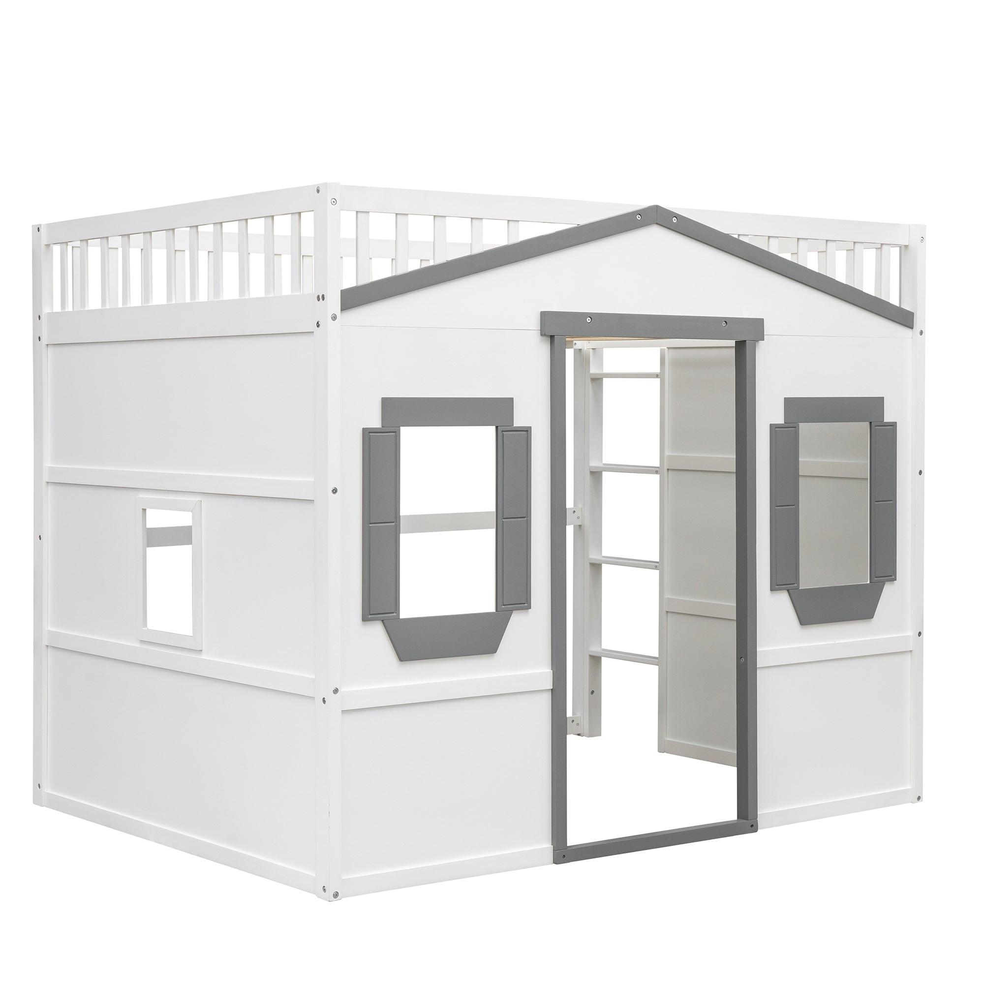 Full Size House Loft Bed With Ladder-White+Gray Frame