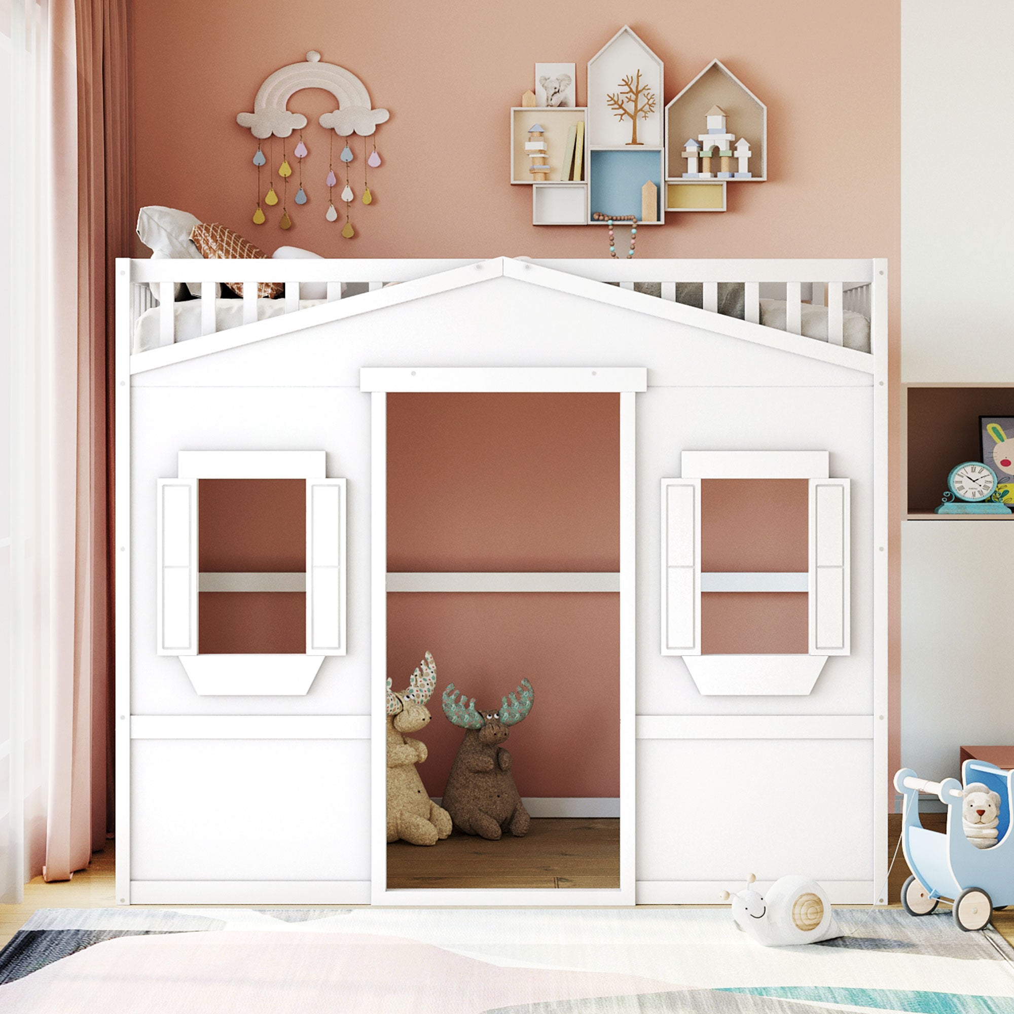 Full Size House Loft Bed With Ladder-White