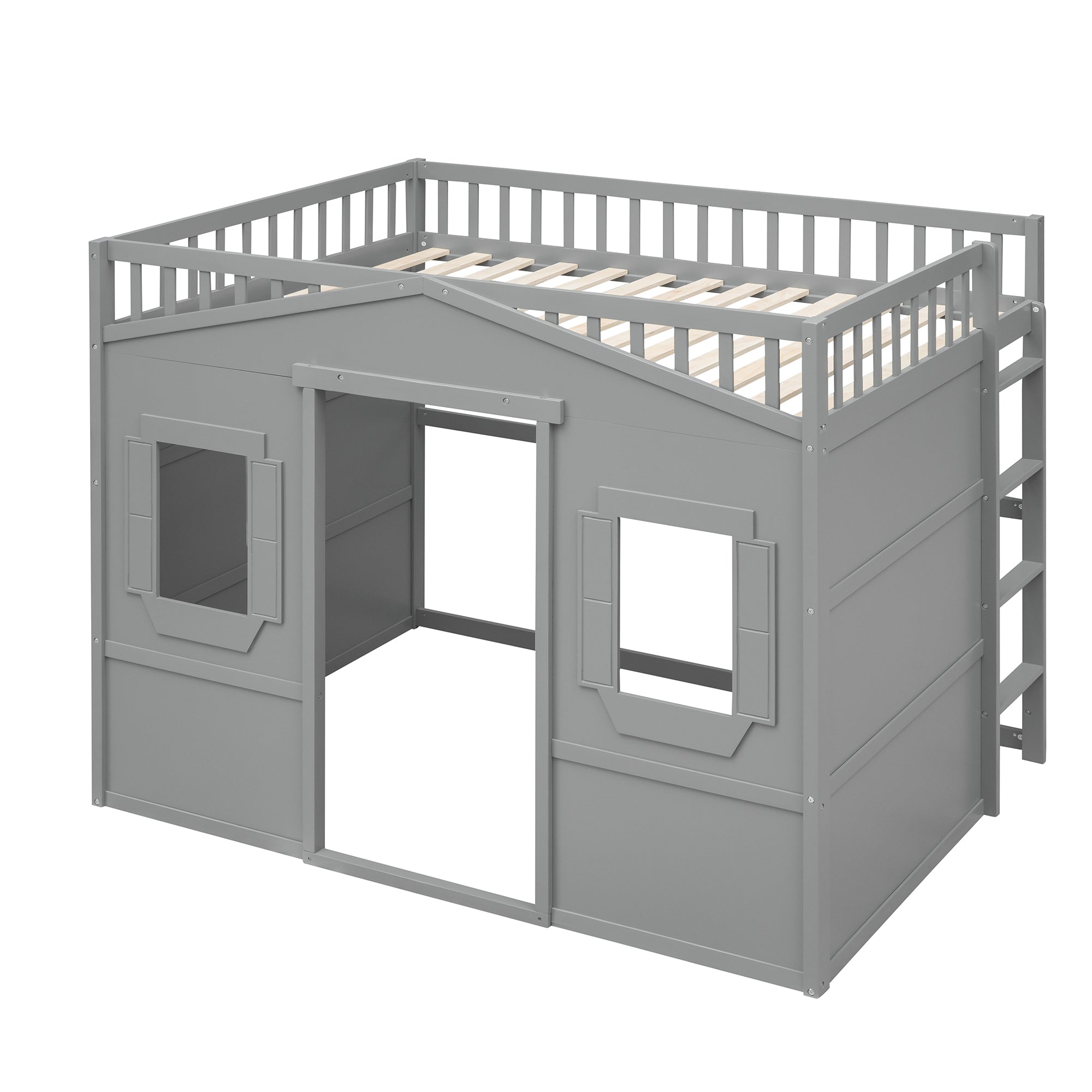 Full Size House Loft Bed With Ladder-Gray