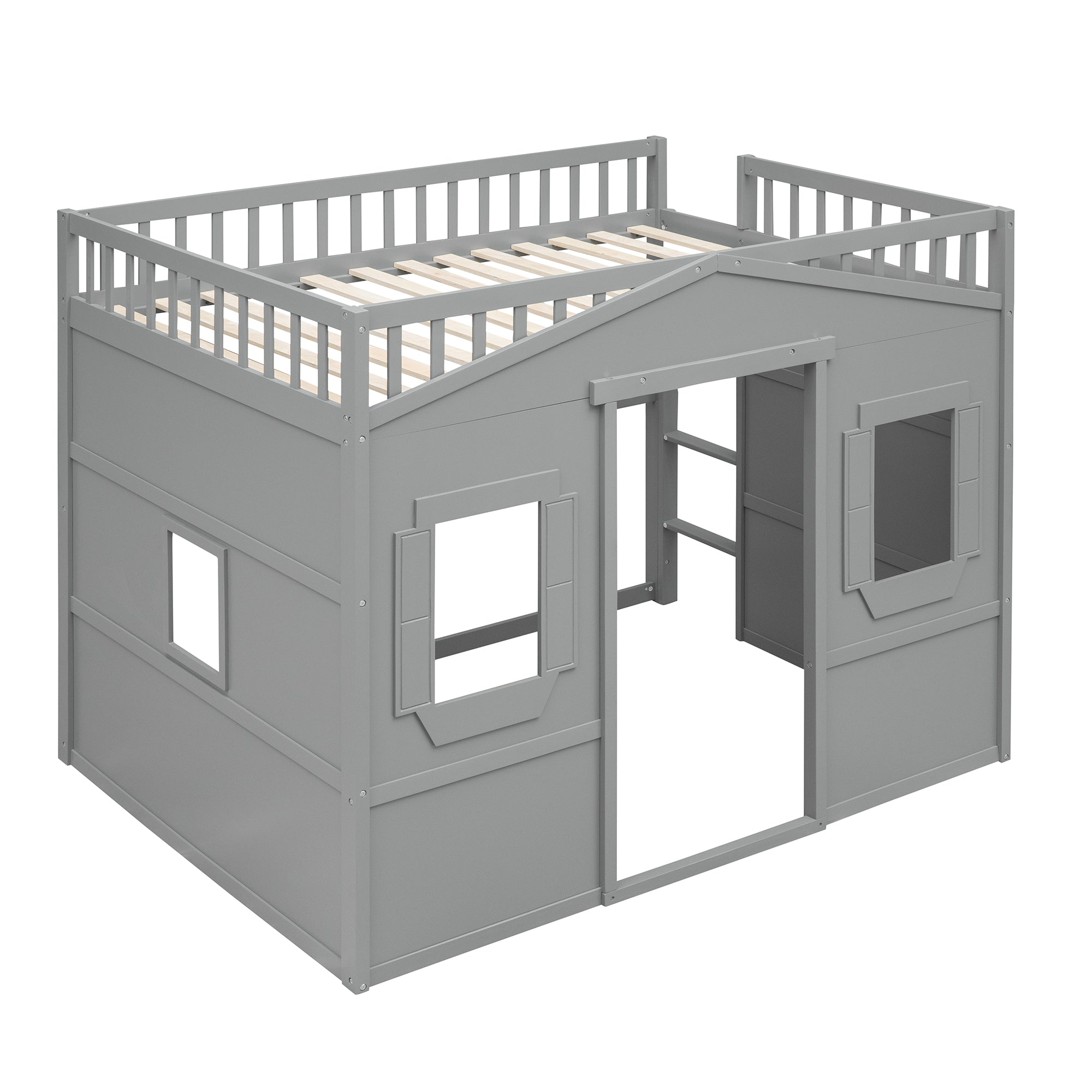 Full Size House Loft Bed With Ladder-Gray