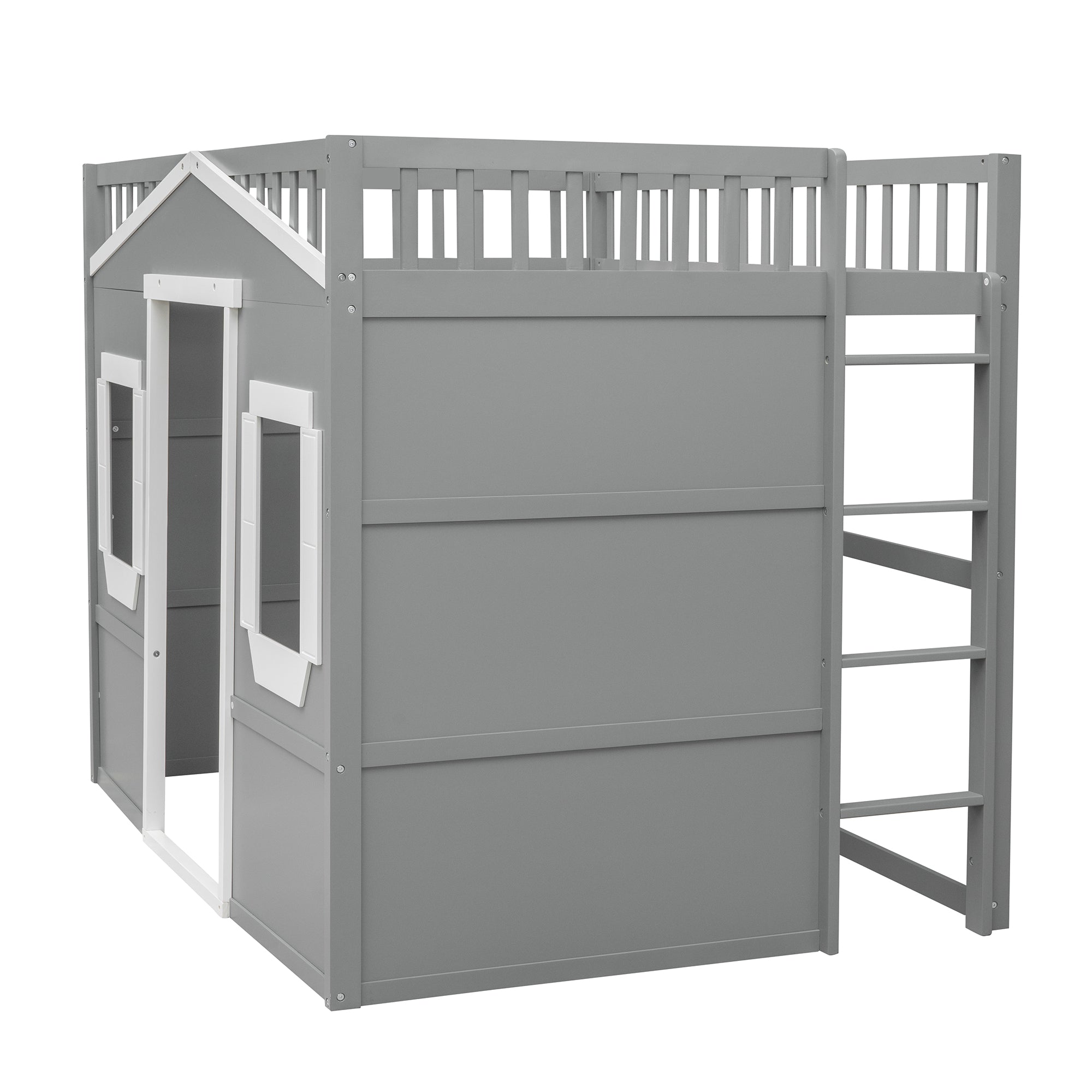 Full Size House Loft Bed With Ladder-Gray+White Frame