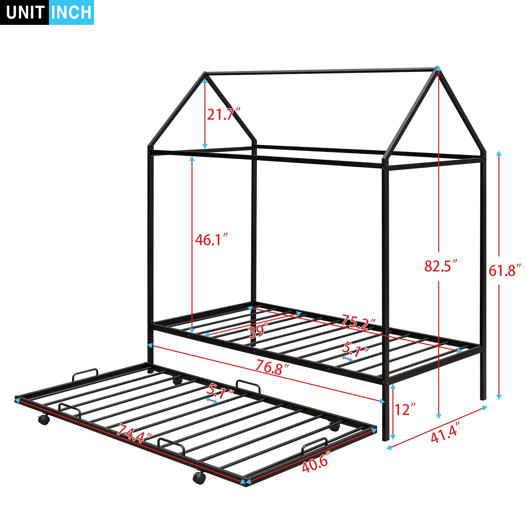 Twin Size Kids House Bed With Trundle, Metal House Bed Black