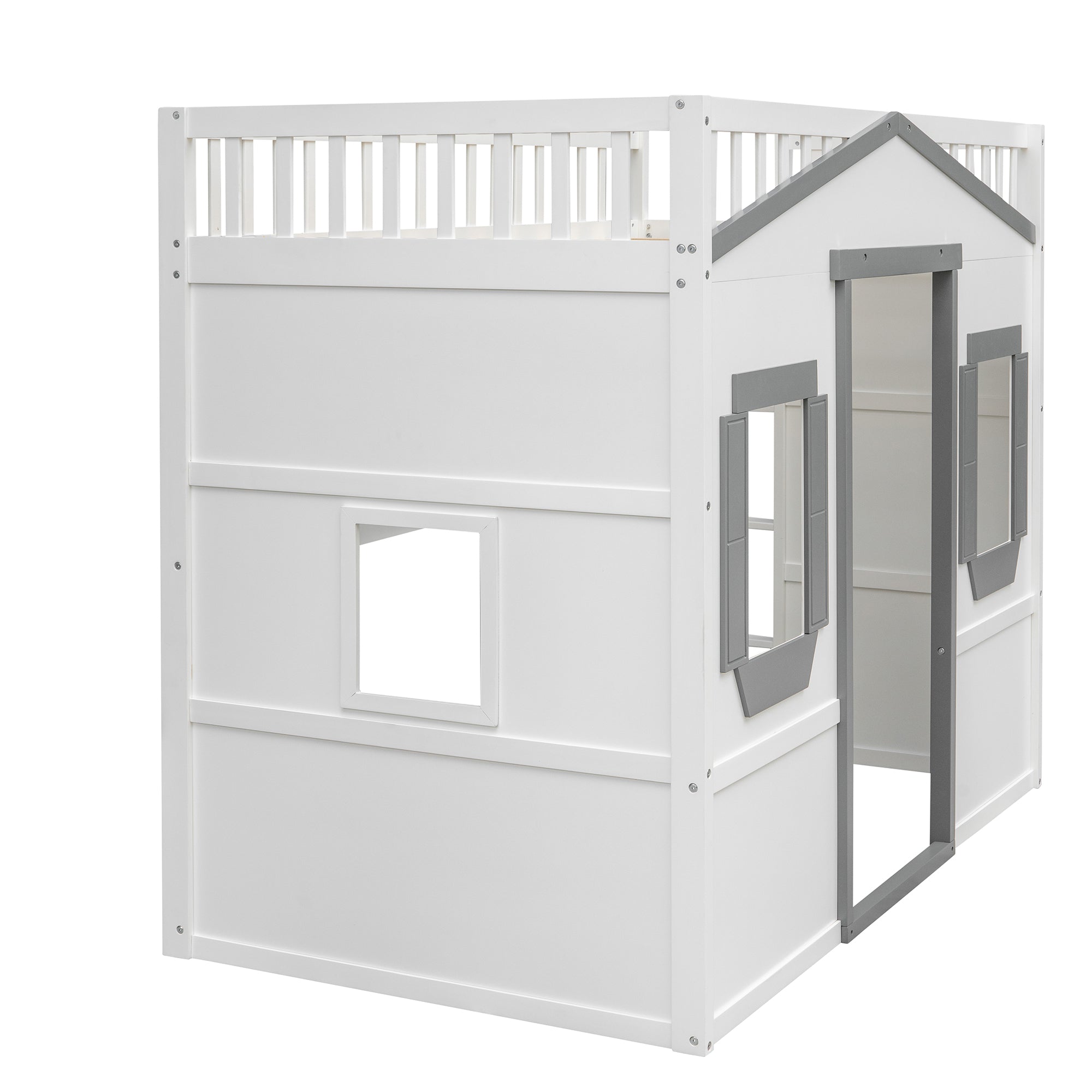 Twin Size House Loft Bed With Ladder-White+Gray Frame