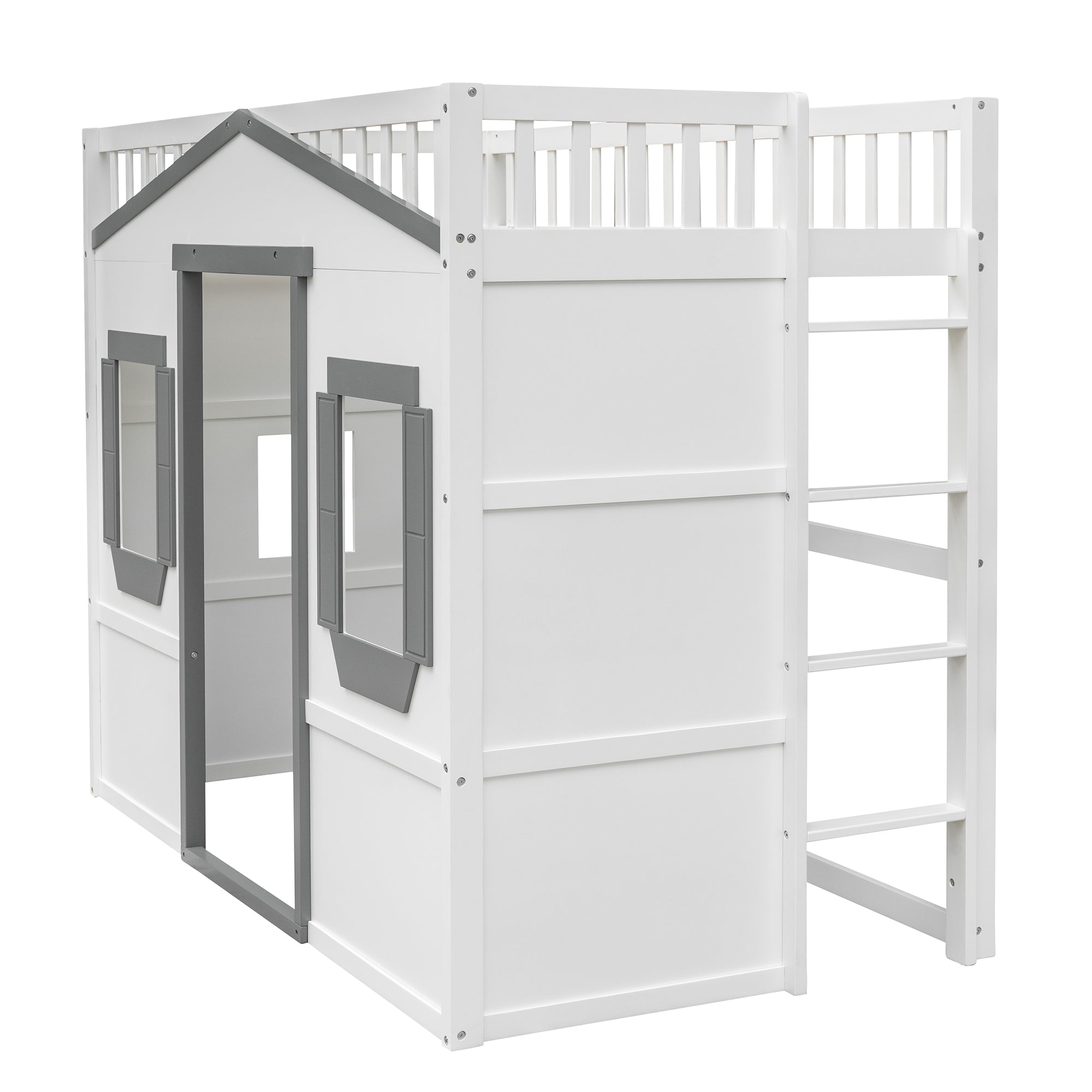 Twin Size House Loft Bed With Ladder-White+Gray Frame