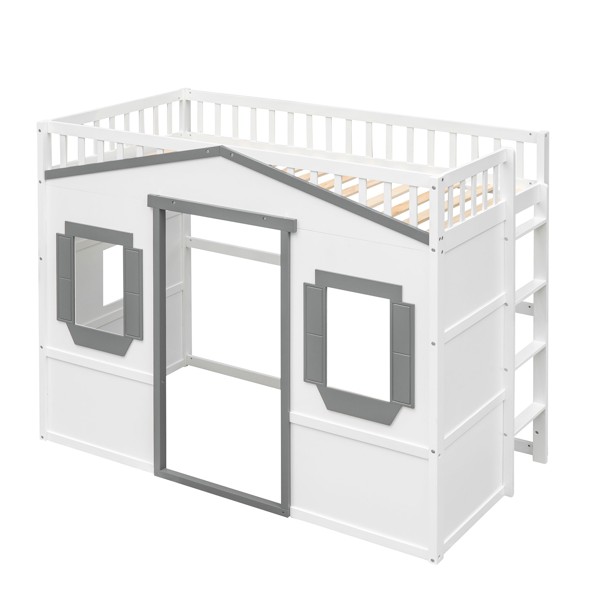 Twin Size House Loft Bed With Ladder-White+Gray Frame