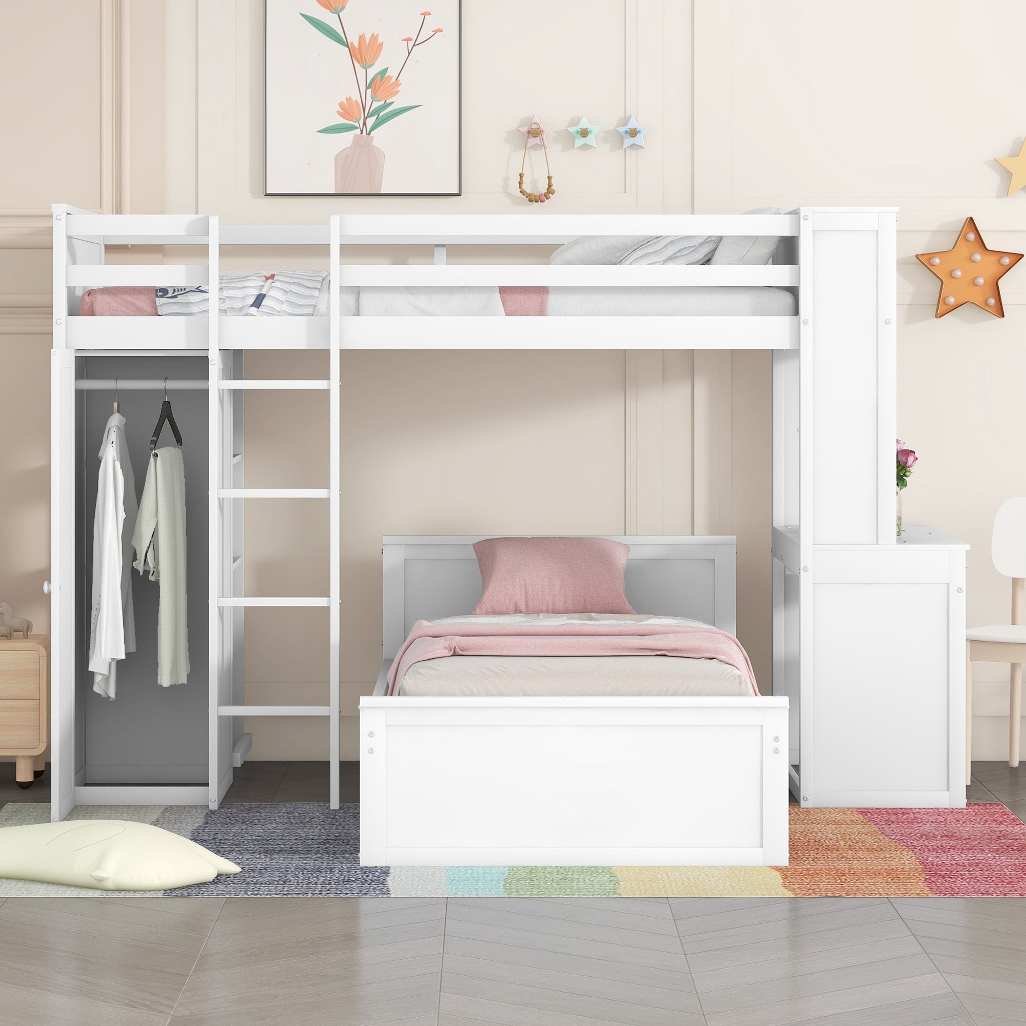 Twin size Loft Bed with a Stand-alone bed, Shelves,Desk,and Wardrobe-White