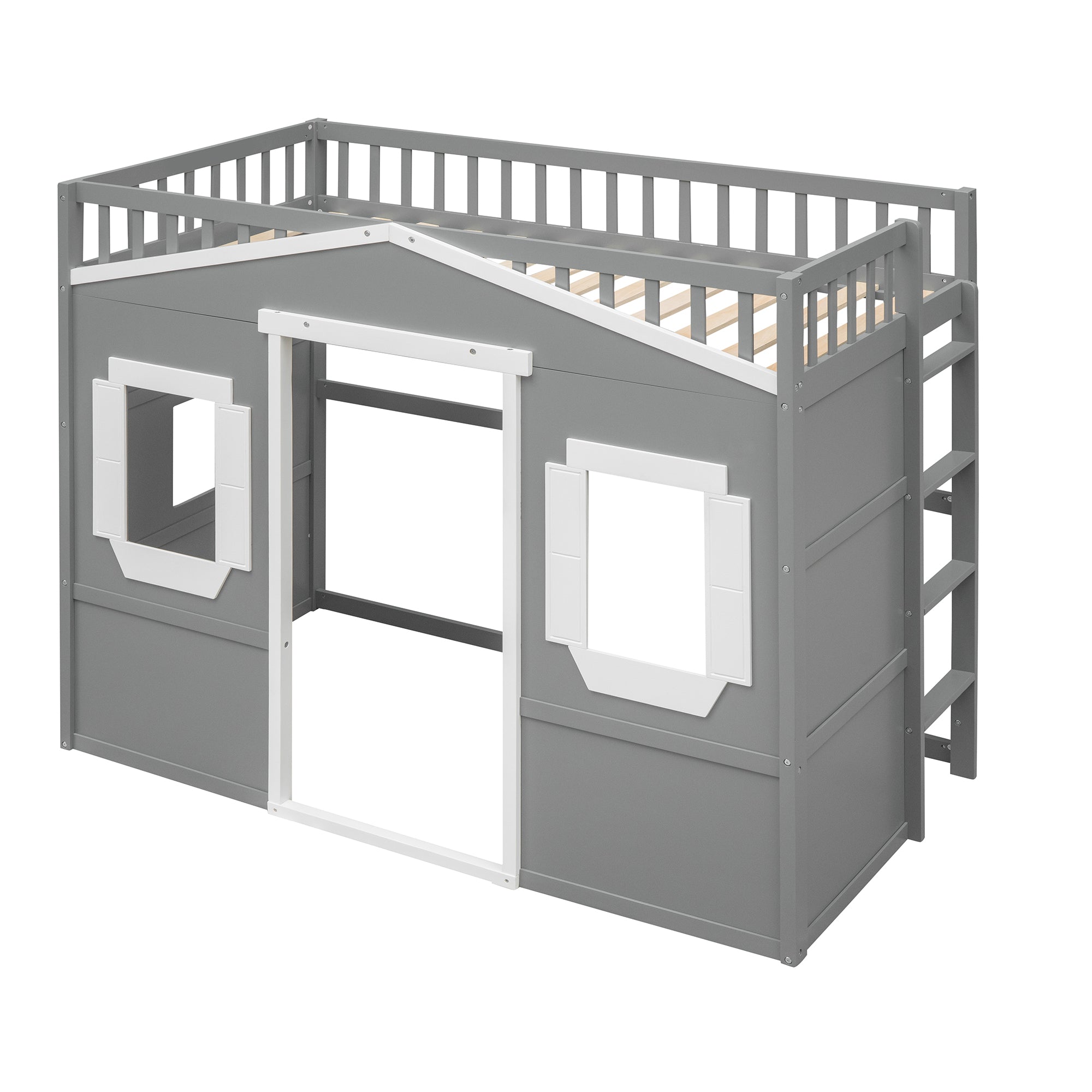 Twin Size House Loft Bed With Ladder-Gray+White Frame