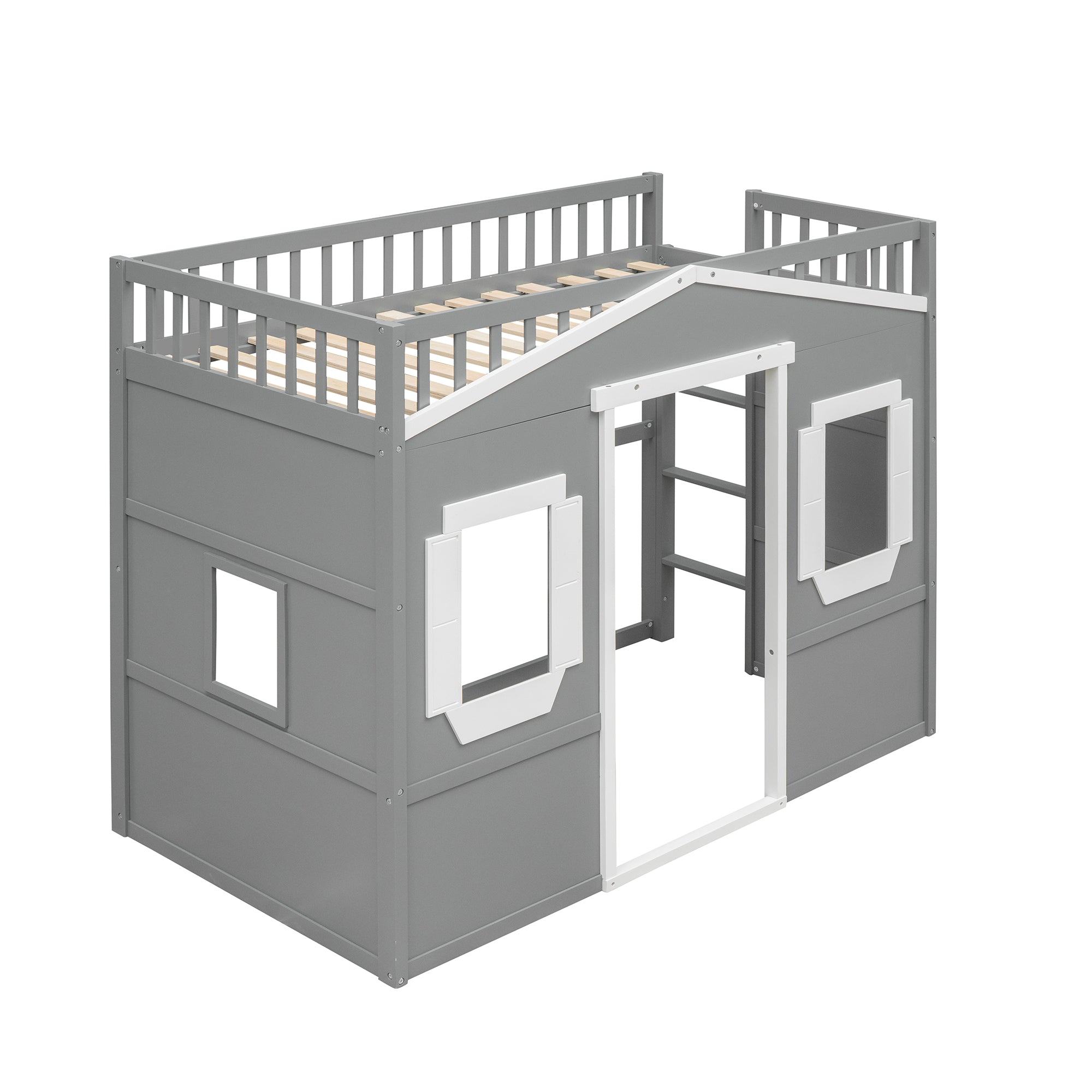 Twin Size House Loft Bed With Ladder-Gray+White Frame