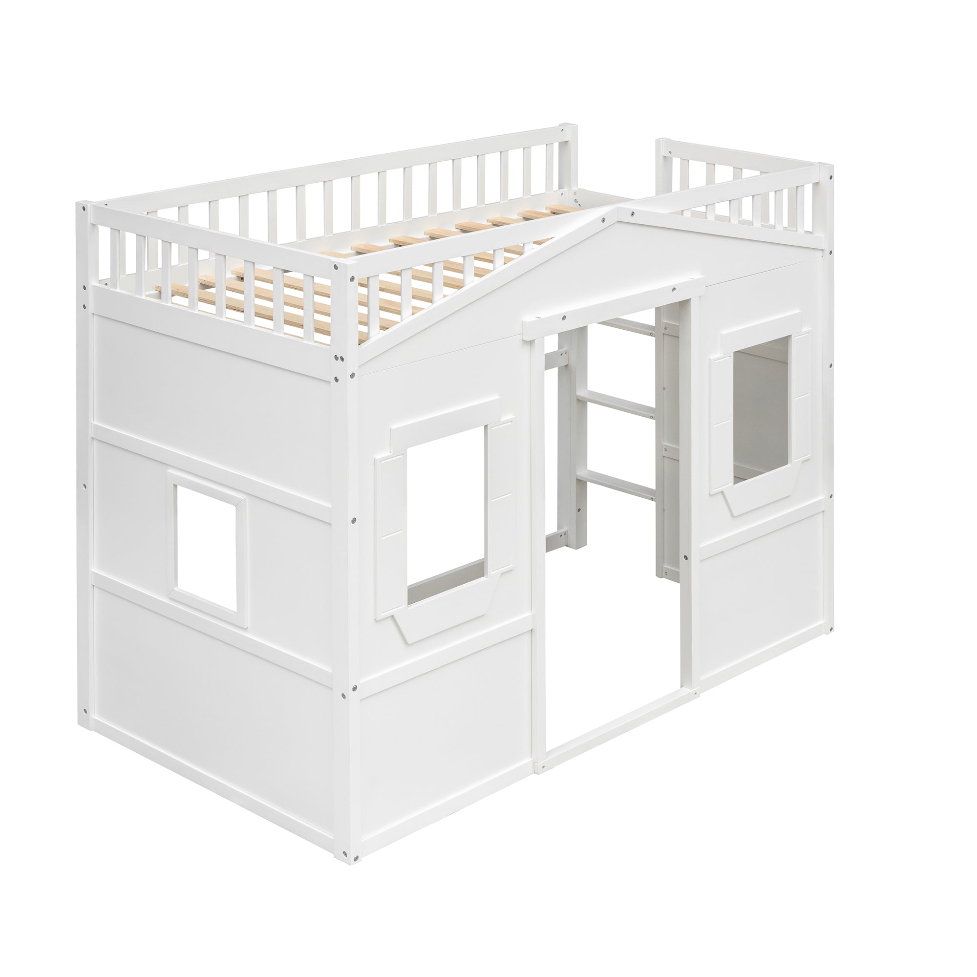 Twin Size House Loft Bed With Ladder-White