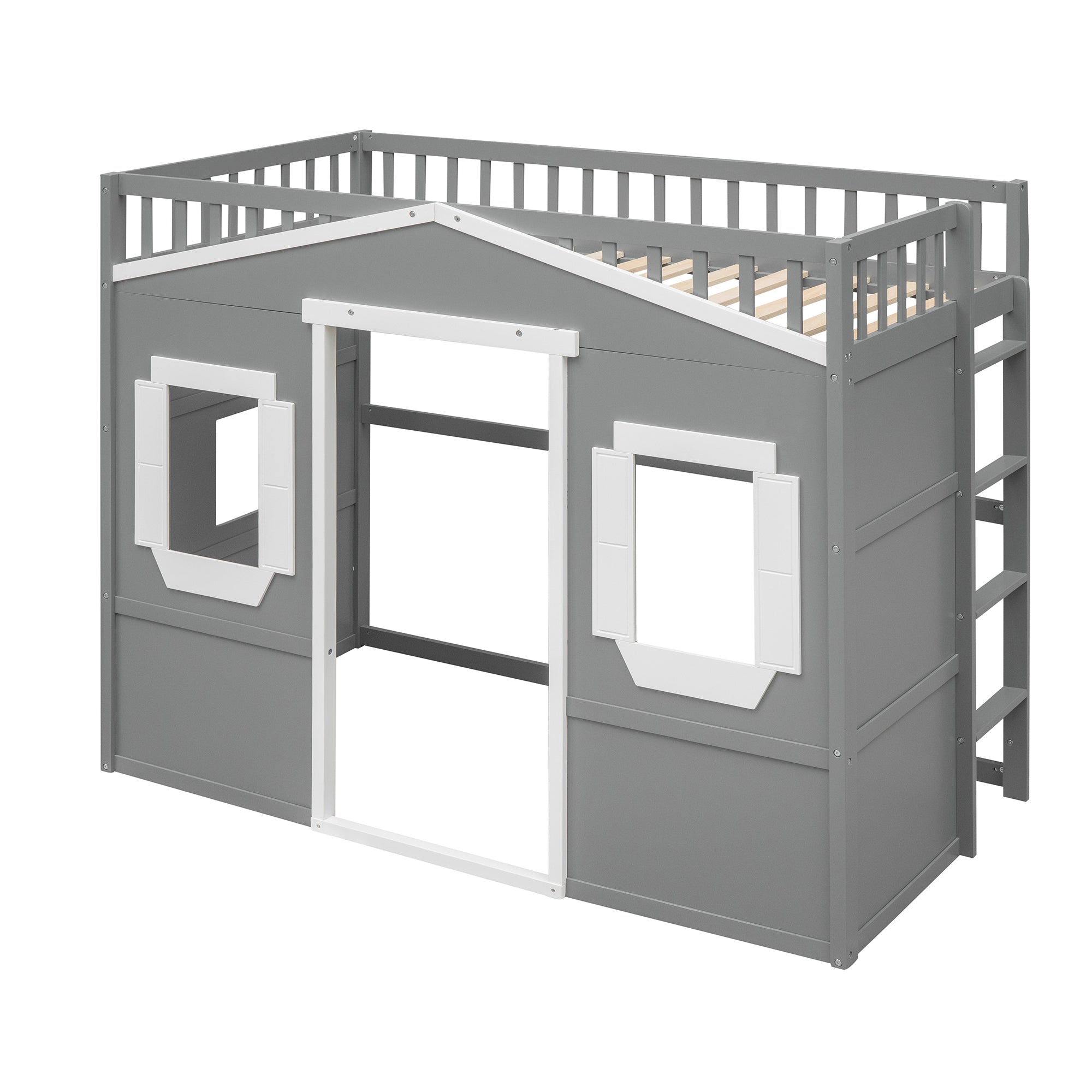 Twin Size House Loft Bed With Ladder-Gray+White Frame