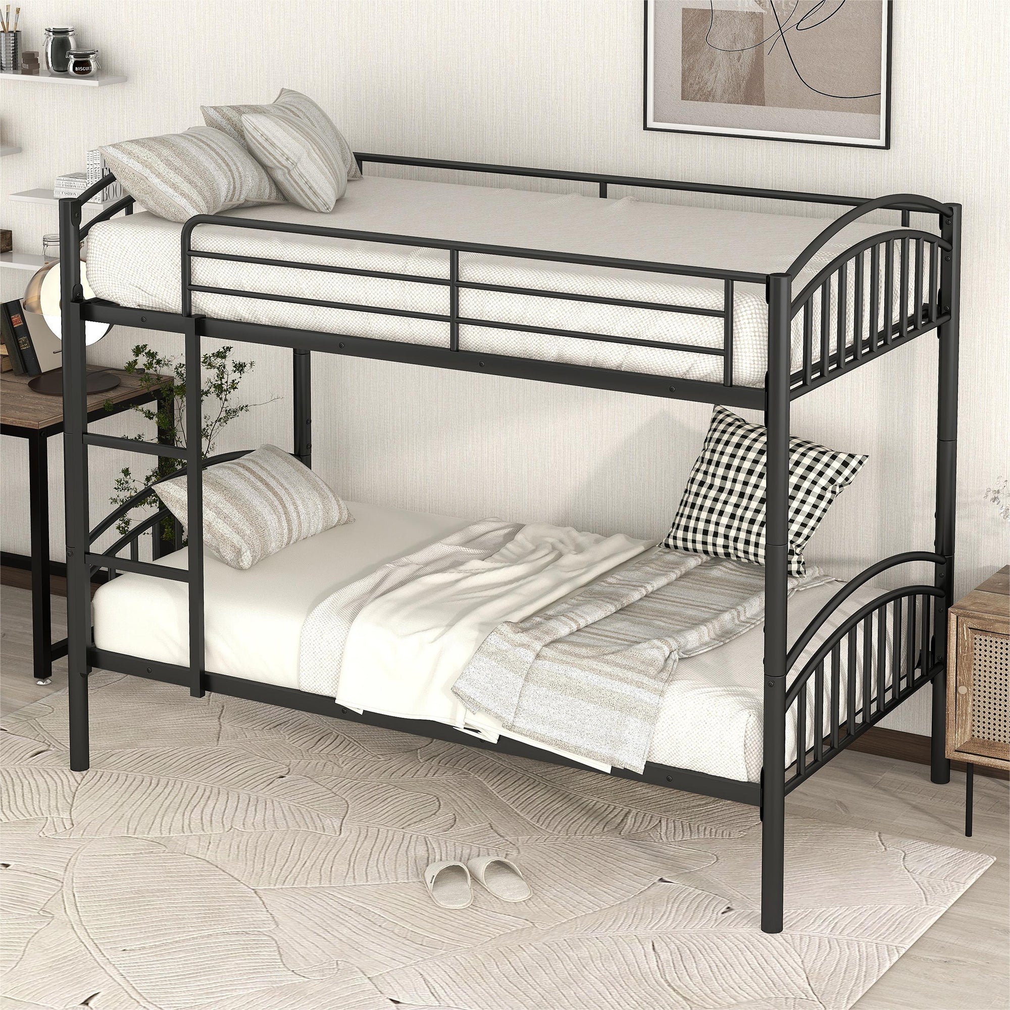 Twin Over Twin Metal Bunk Bed,Divided into Two Beds(Black)