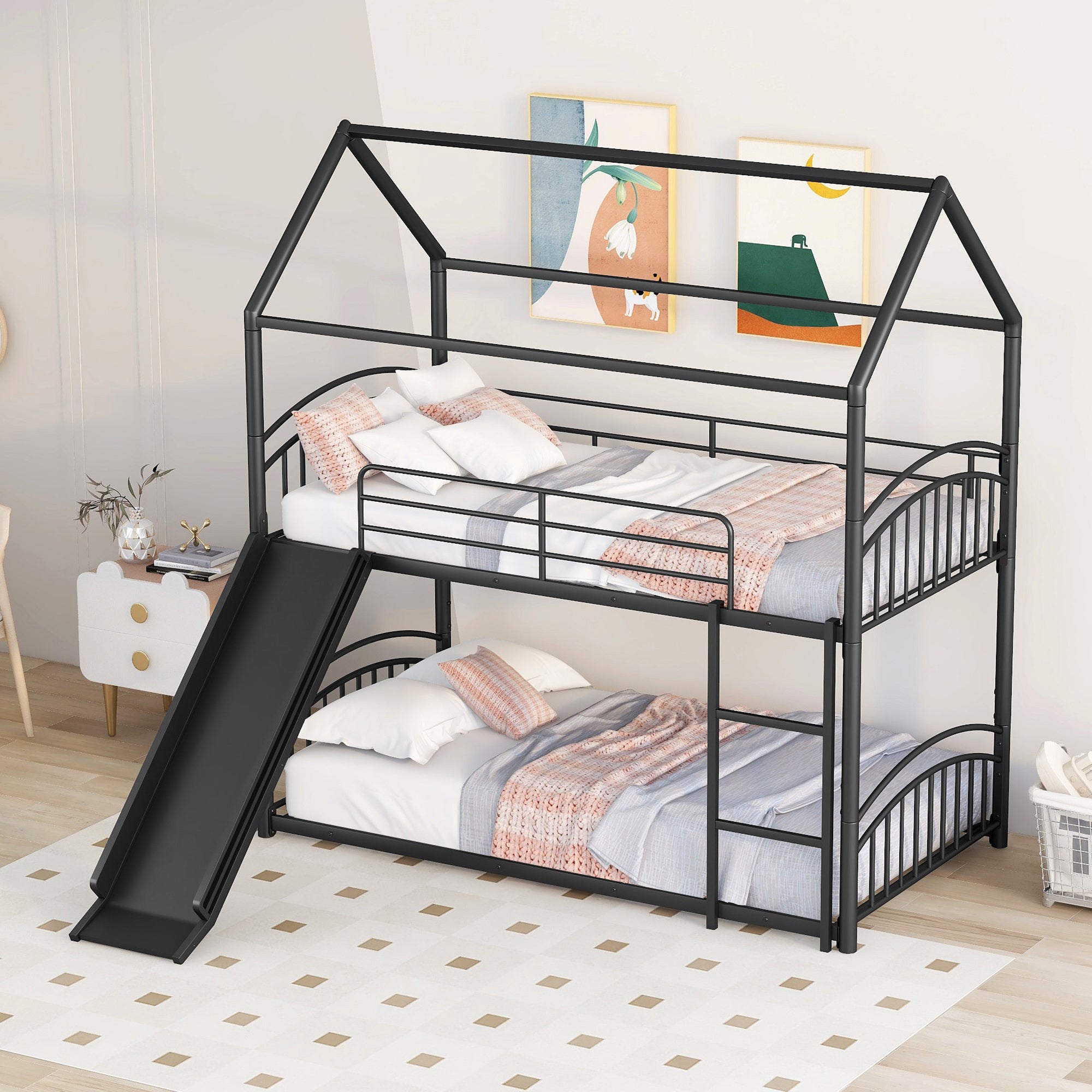 Twin Over Twin Metal Bunk Bed With Slide,Kids House Bed Black