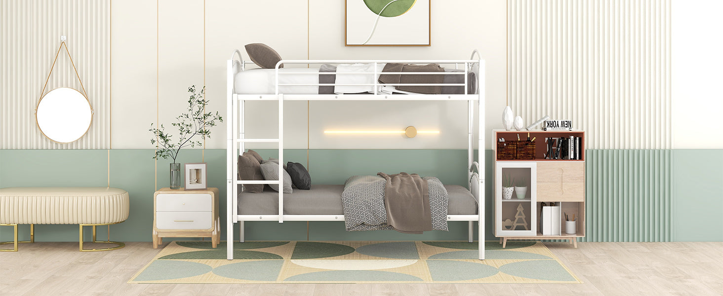 Twin Over Twin Metal Bunk Bed,Divided into Two Beds(White)