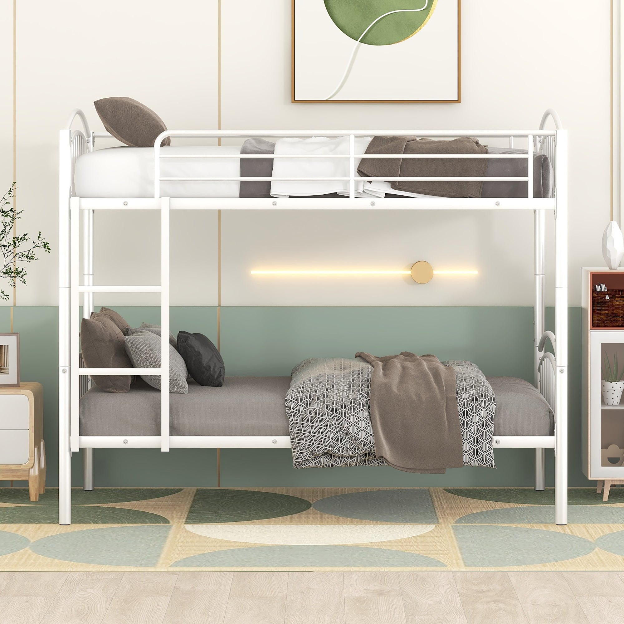 Twin Over Twin Metal Bunk Bed,Divided into Two Beds(White)